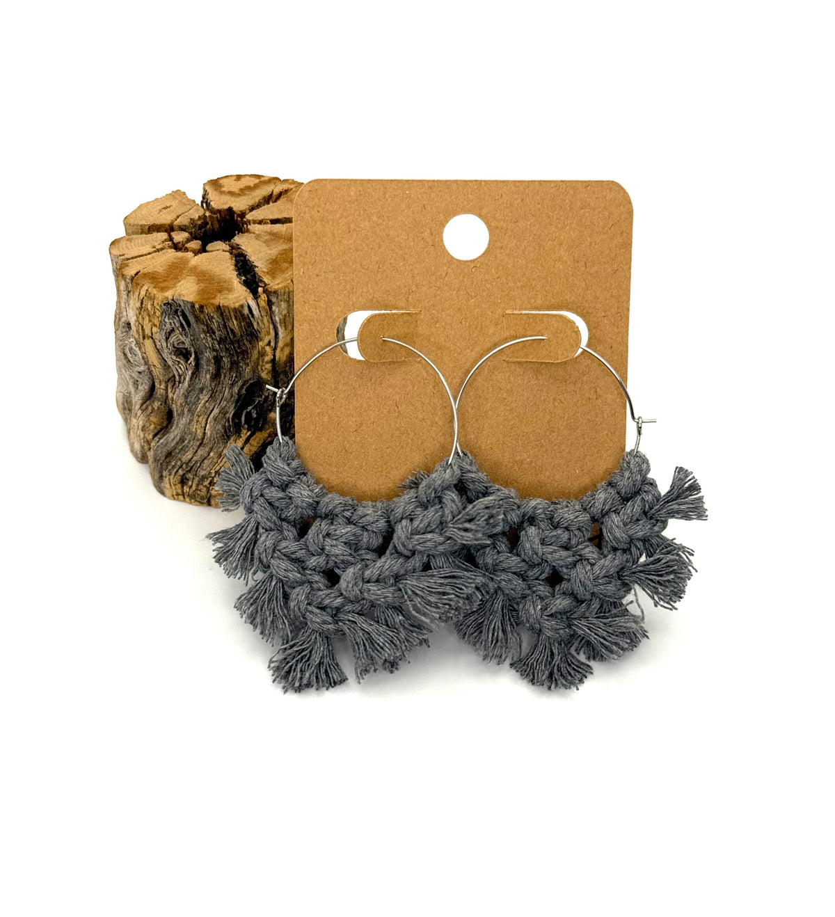 Gray Macramé Hoop Earrings | Hand-Knotted Statement Hoops