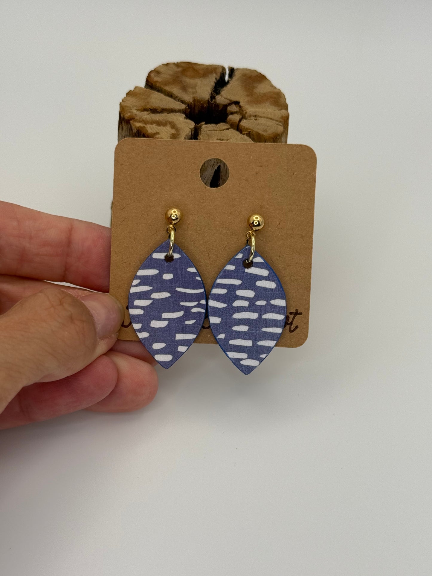 Blue Pattern Wood Earrings | Lightweight Drop OR Stud Style