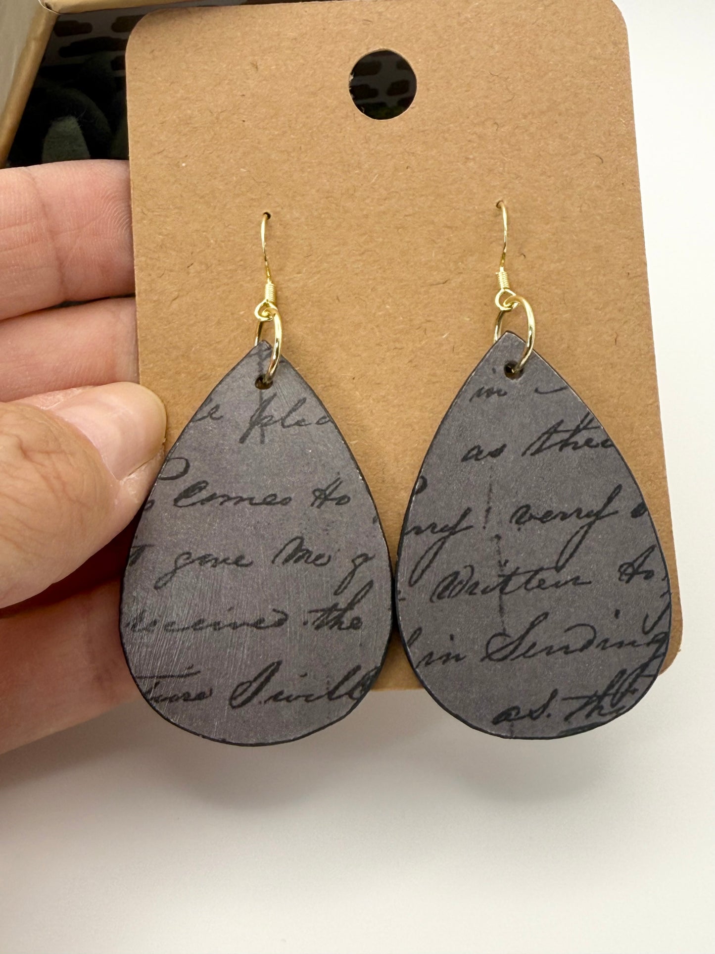 Vintage Script Wood Earrings | Charcoal Decoupage Teardrop Earrings