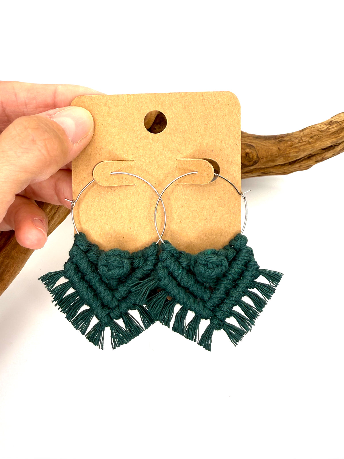 Deep Forest Green Macramé Hoop Earrings | Silver Statement Hoops