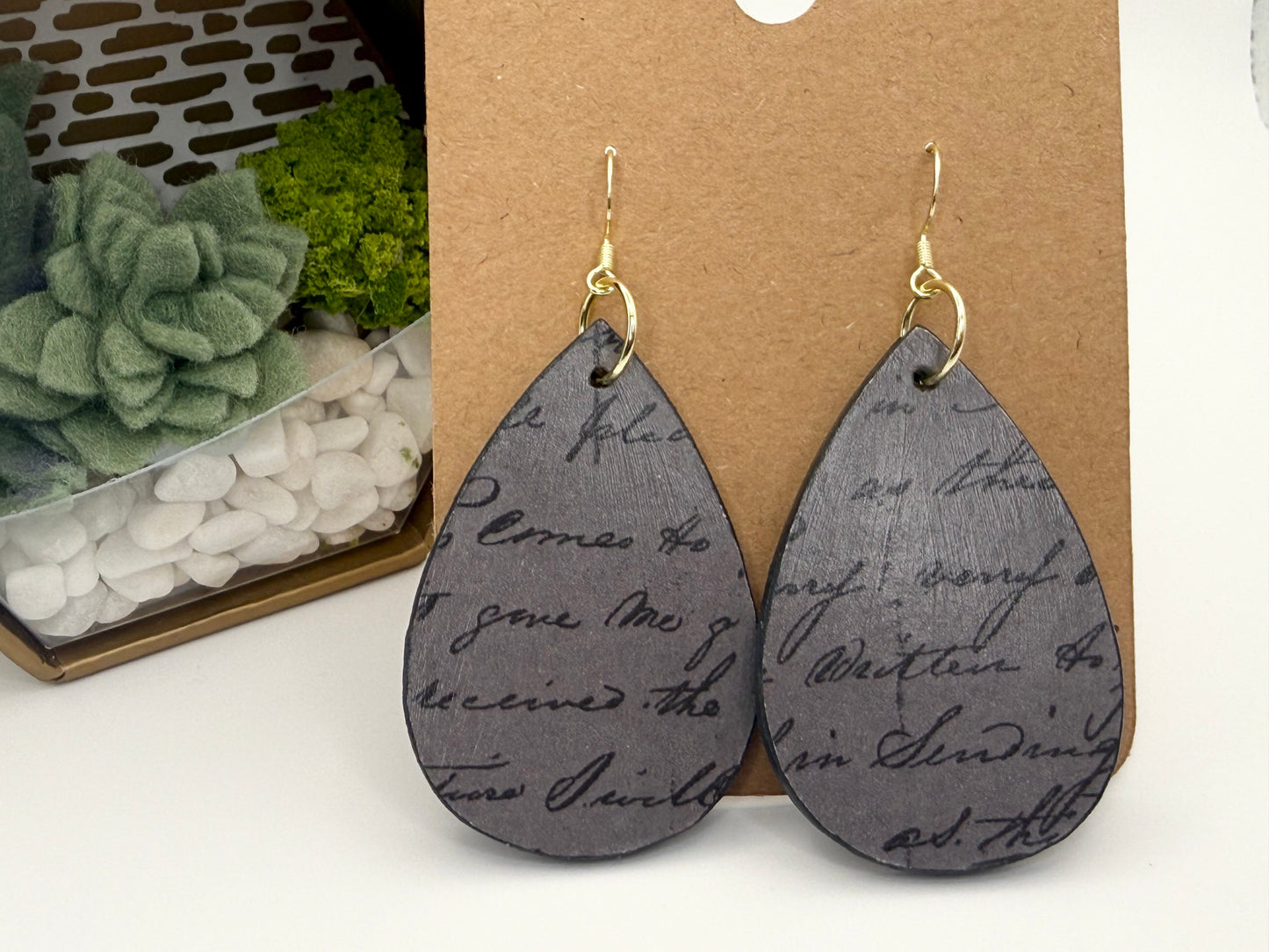 Vintage Script Wood Earrings | Charcoal Decoupage Teardrop Earrings