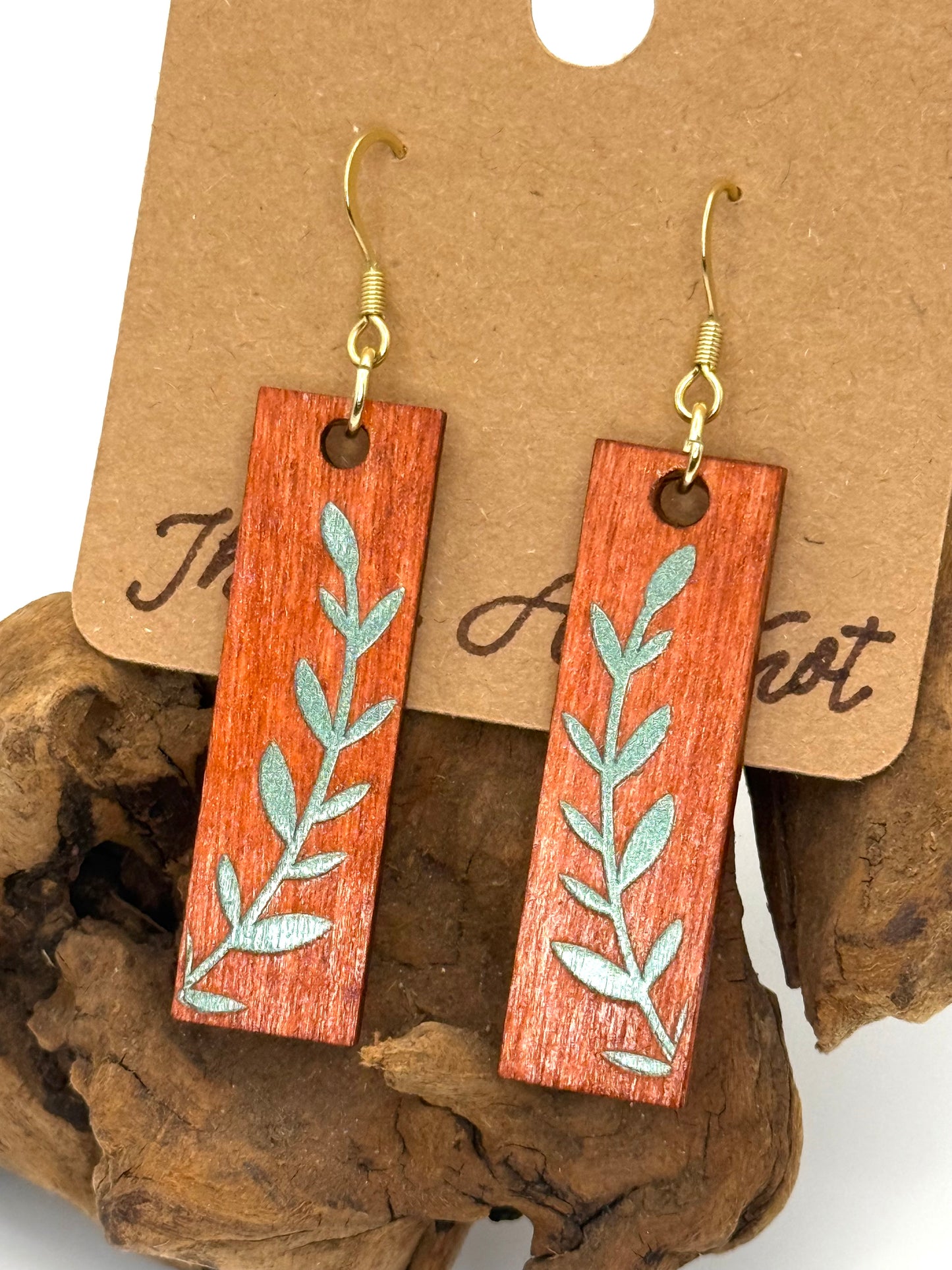 Sage Holographic Leaf Dangles | Amber Wood Botanical Earrings