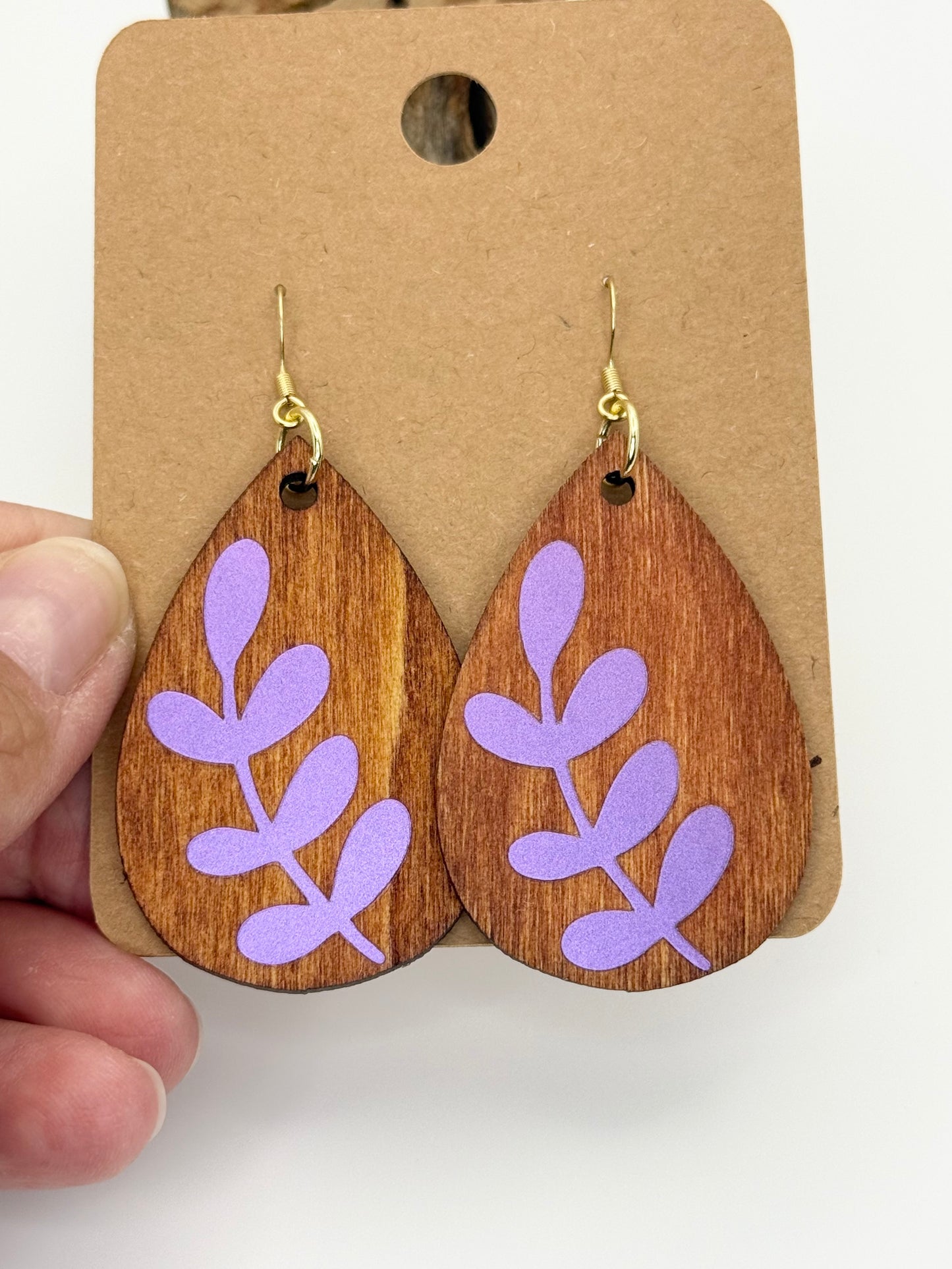 Modern Stained Wood Botanical Earrings | Purple Holographic Leaf Dangles