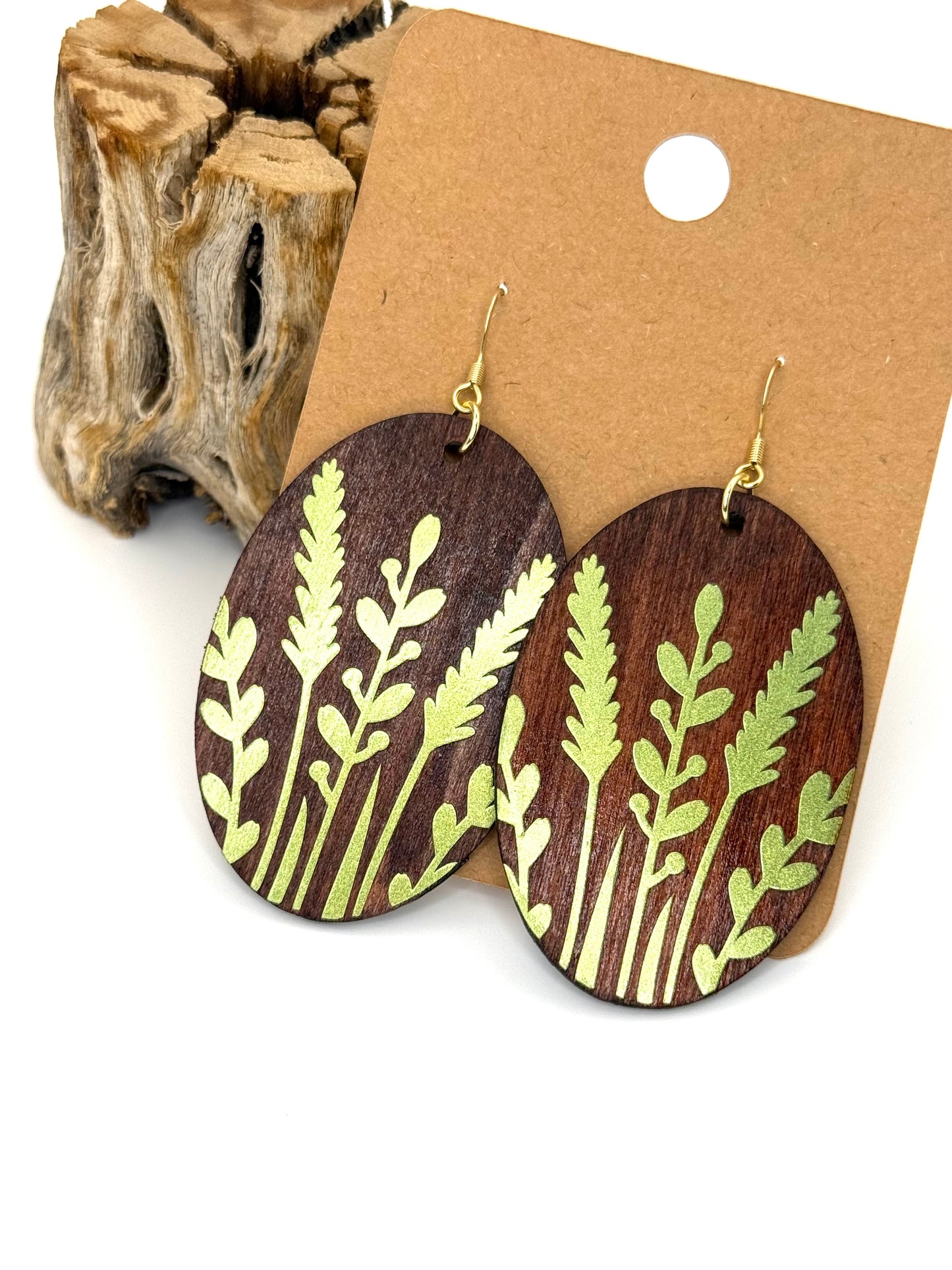 Color Shift Botanical Wood Earrings | Lime to Deep Teal Dangles