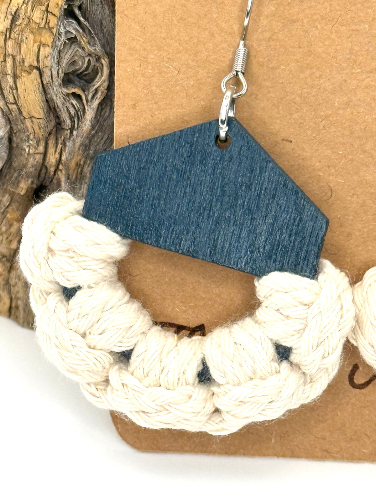 Deep Blue Wood & Macrame Earrings | Cream Cotton