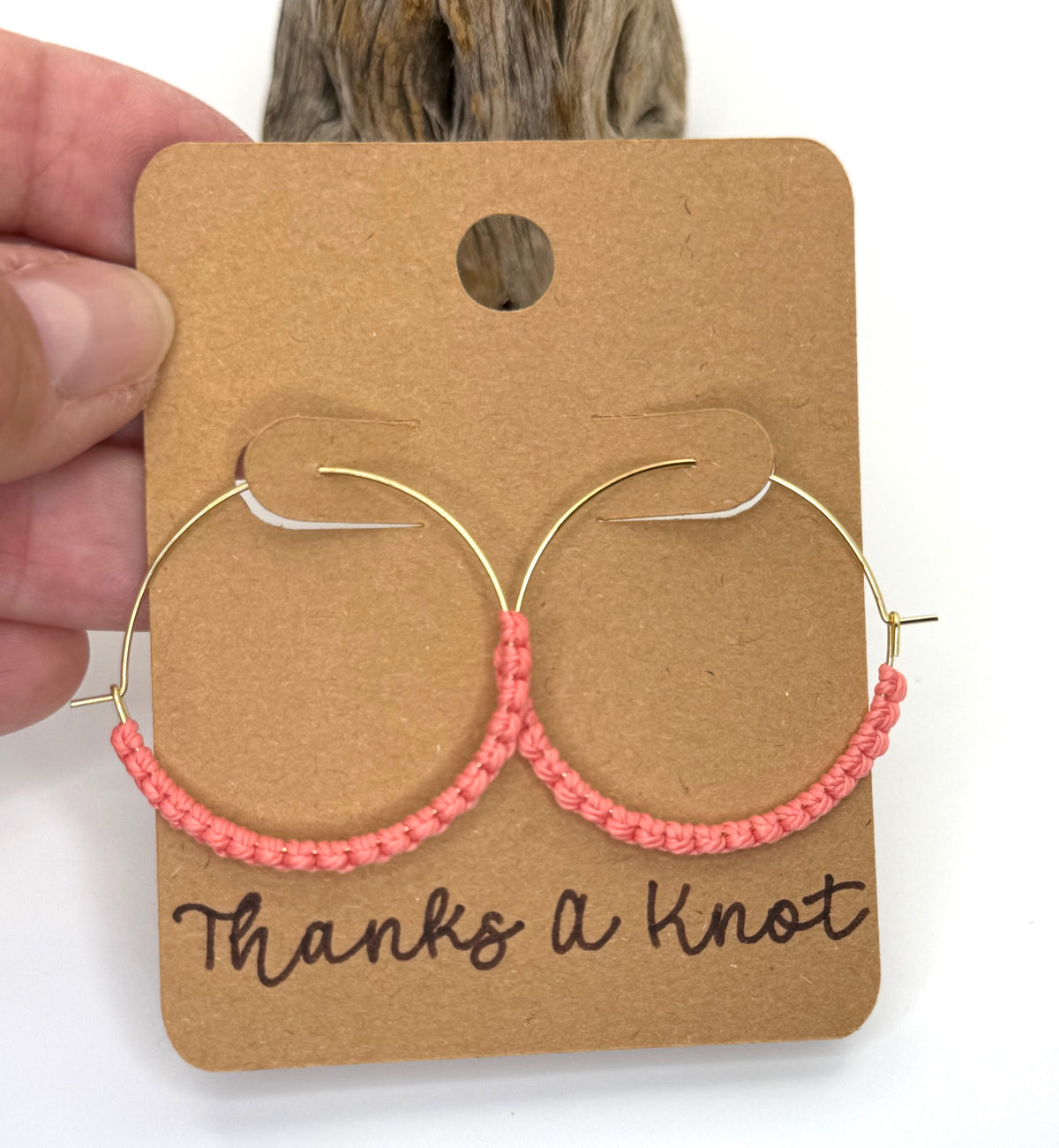 Coral Macrame Hoop Earrings | 35mm Gold Stainless Steel