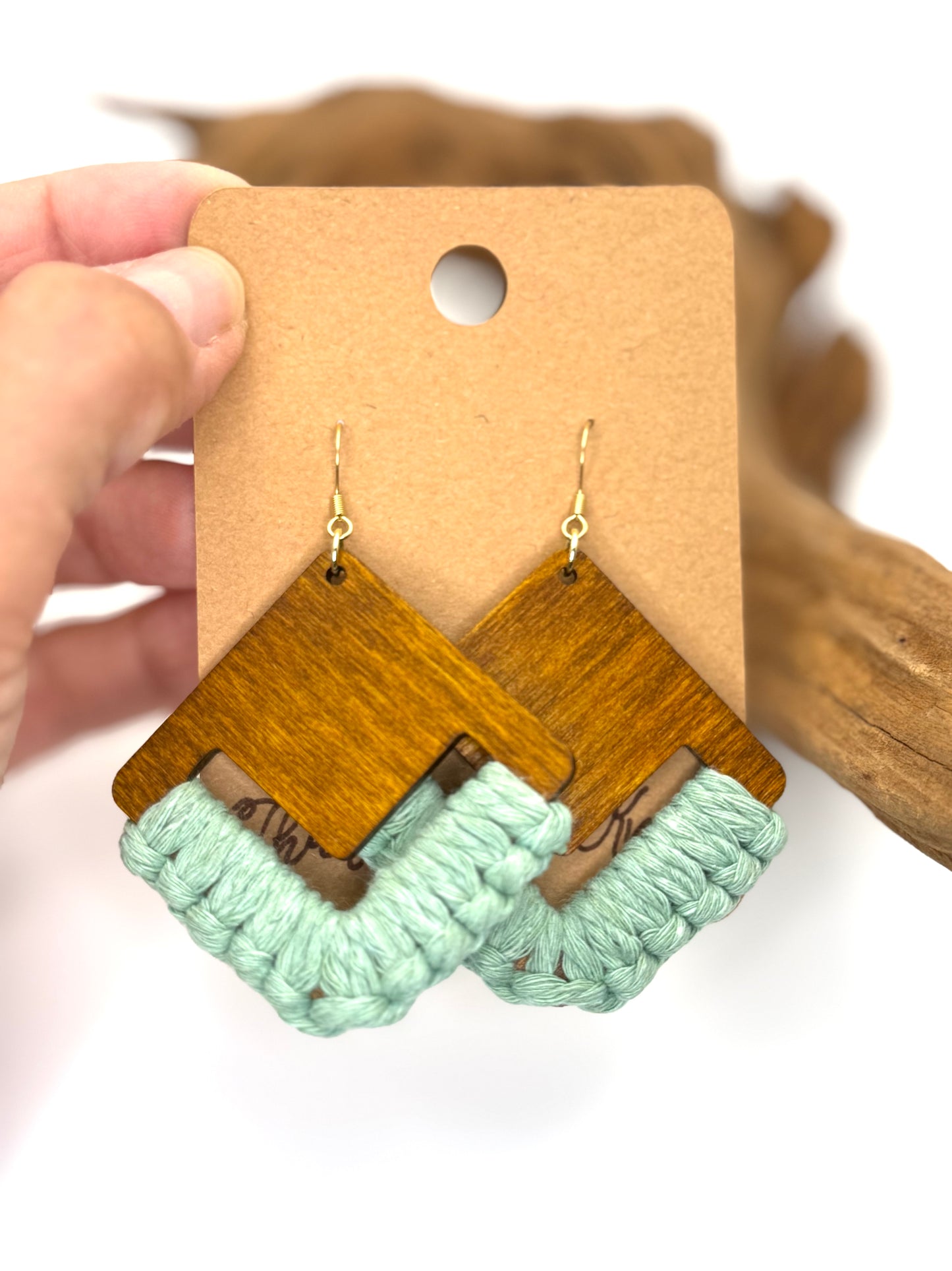 Turquoise Macramé Wood Earrings | Hand Knotted Geometric Dangles