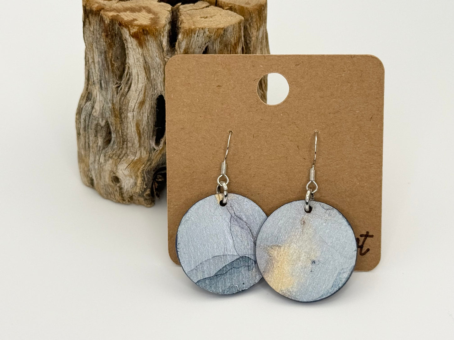 Modern Watercolor Wood Earrings | Soft Blue Abstract Dangles