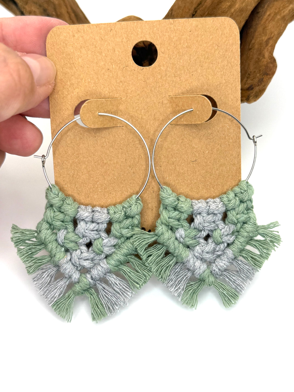 Sage & Lavender Gray Macrame Fringe Hoops | Stainless Steel