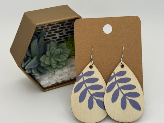 Deep Blue Botanical Wood Earrings | Holographic Vinyl Statement Earrings