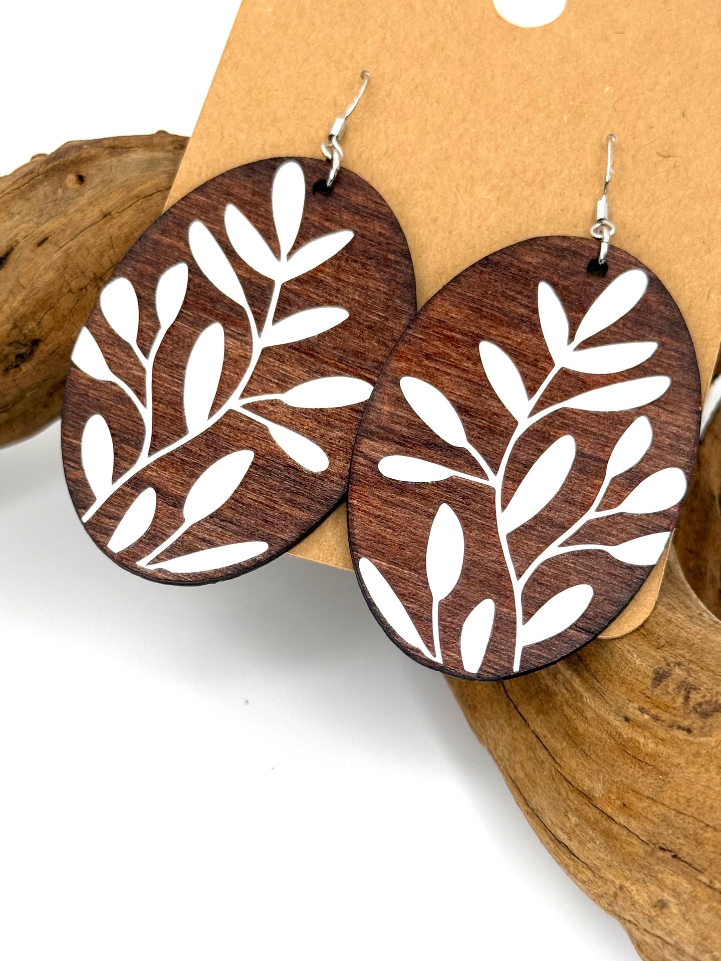 Dark Wood Botanical Earrings | White Leaf Statement Dangles
