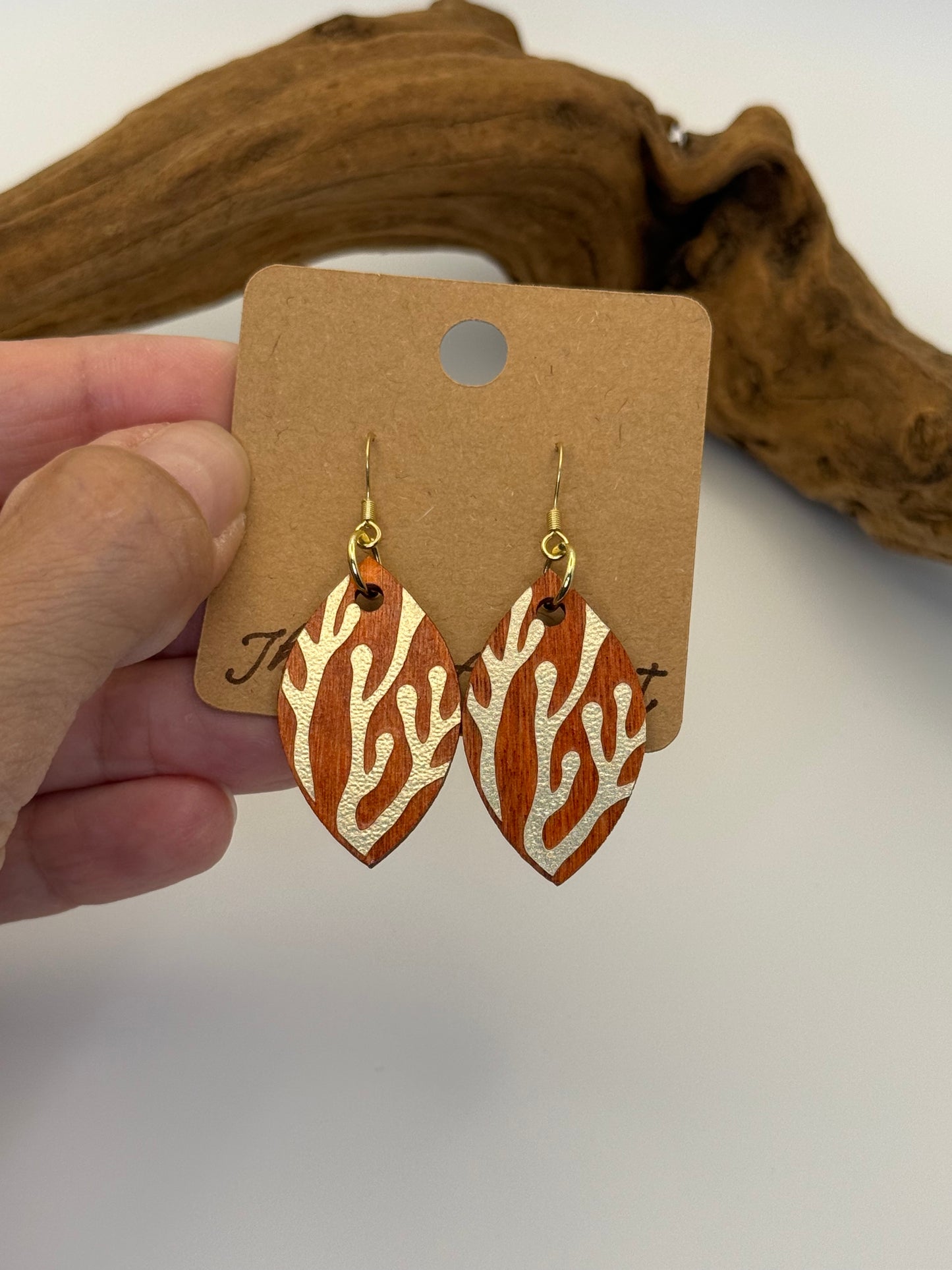 Amber & Gold Coral Wood Earrings | Metallic Coastal Dangles