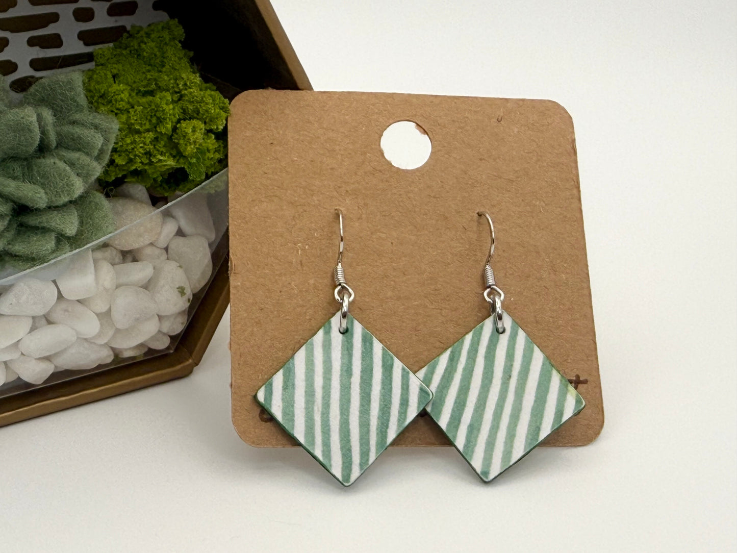 Green Stripe Decoupage | Lightweight Diamond Dangle Earrings