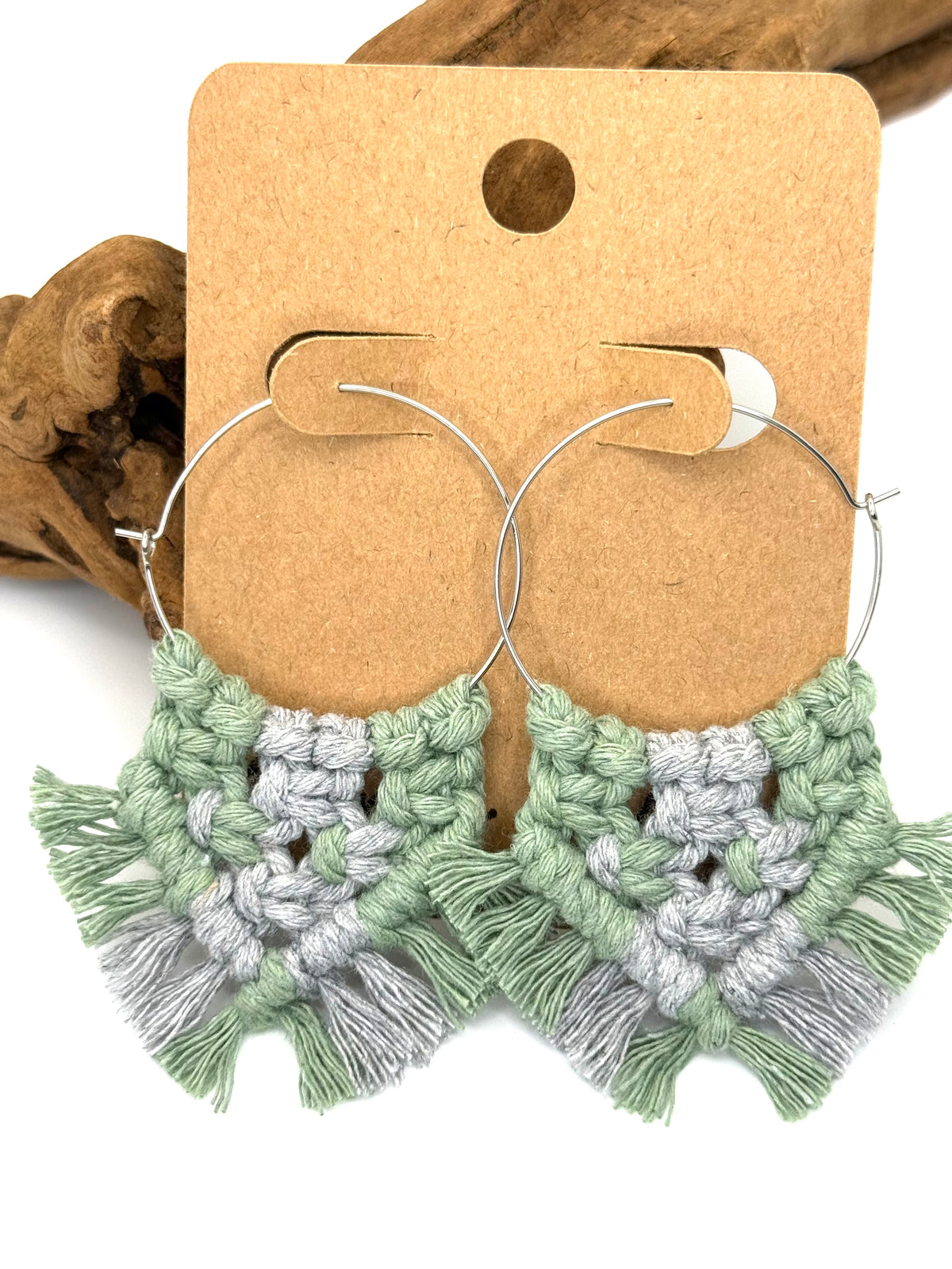 Sage & Lavender Gray Macrame Fringe Hoops | Stainless Steel