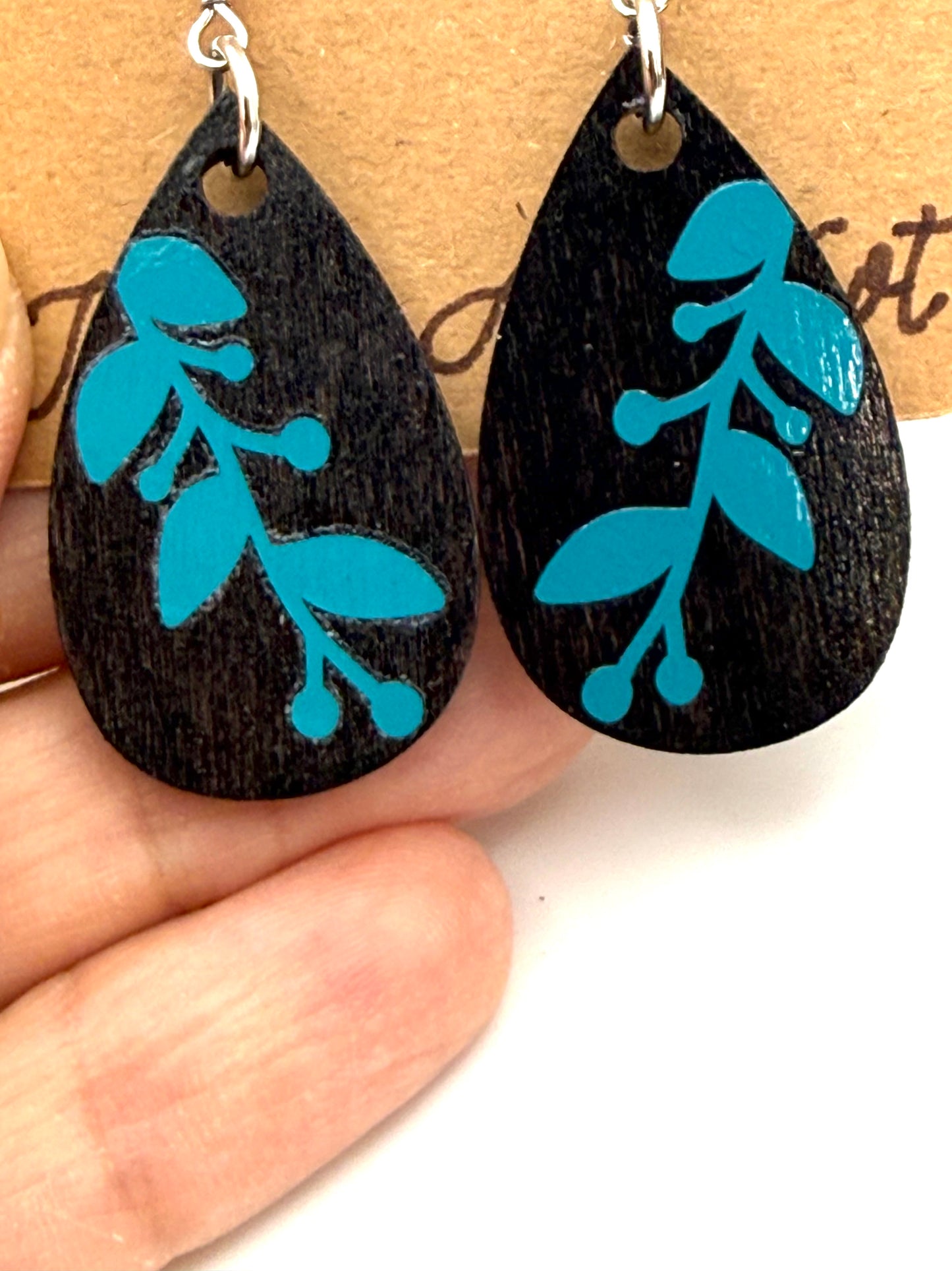 Almost Perfect – Turquoise Botanical Stained Wood Earrings