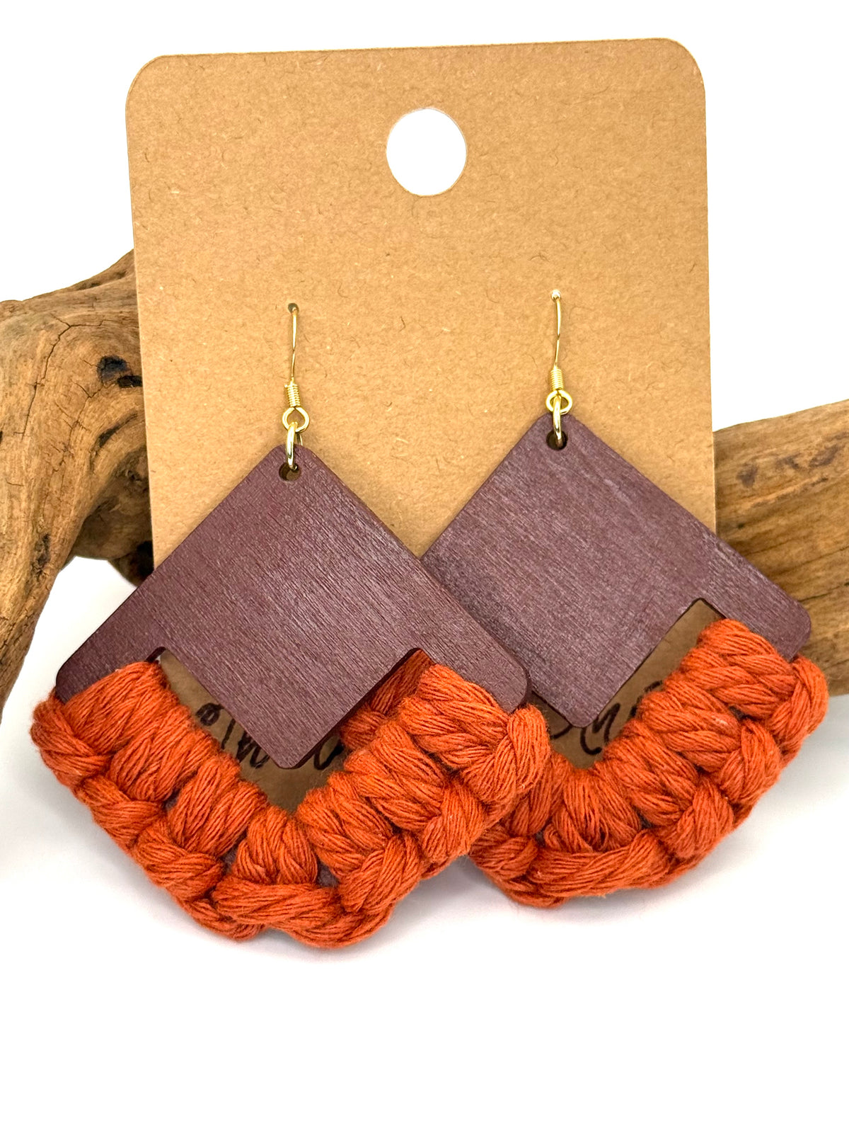 Rust Macrame & Hand-Painted Wood Earrings | Gold Stainless Steel