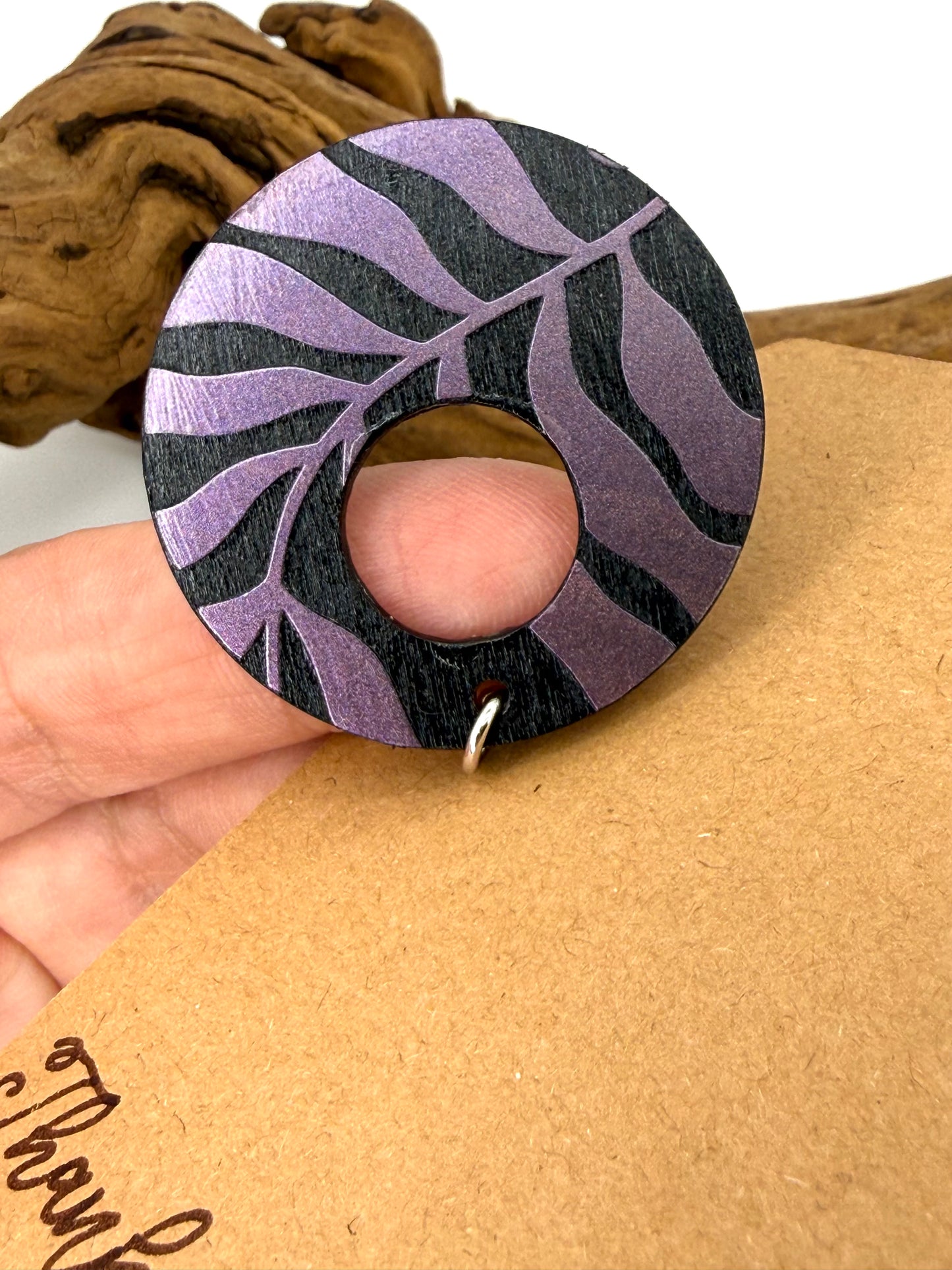 Almost Perfect – Purple Shimmer Botanical Hoop Wood Earrings