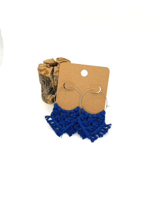 Cobalt Blue Macramé Hoop Earrings | Stainless Steel Statement Hoops