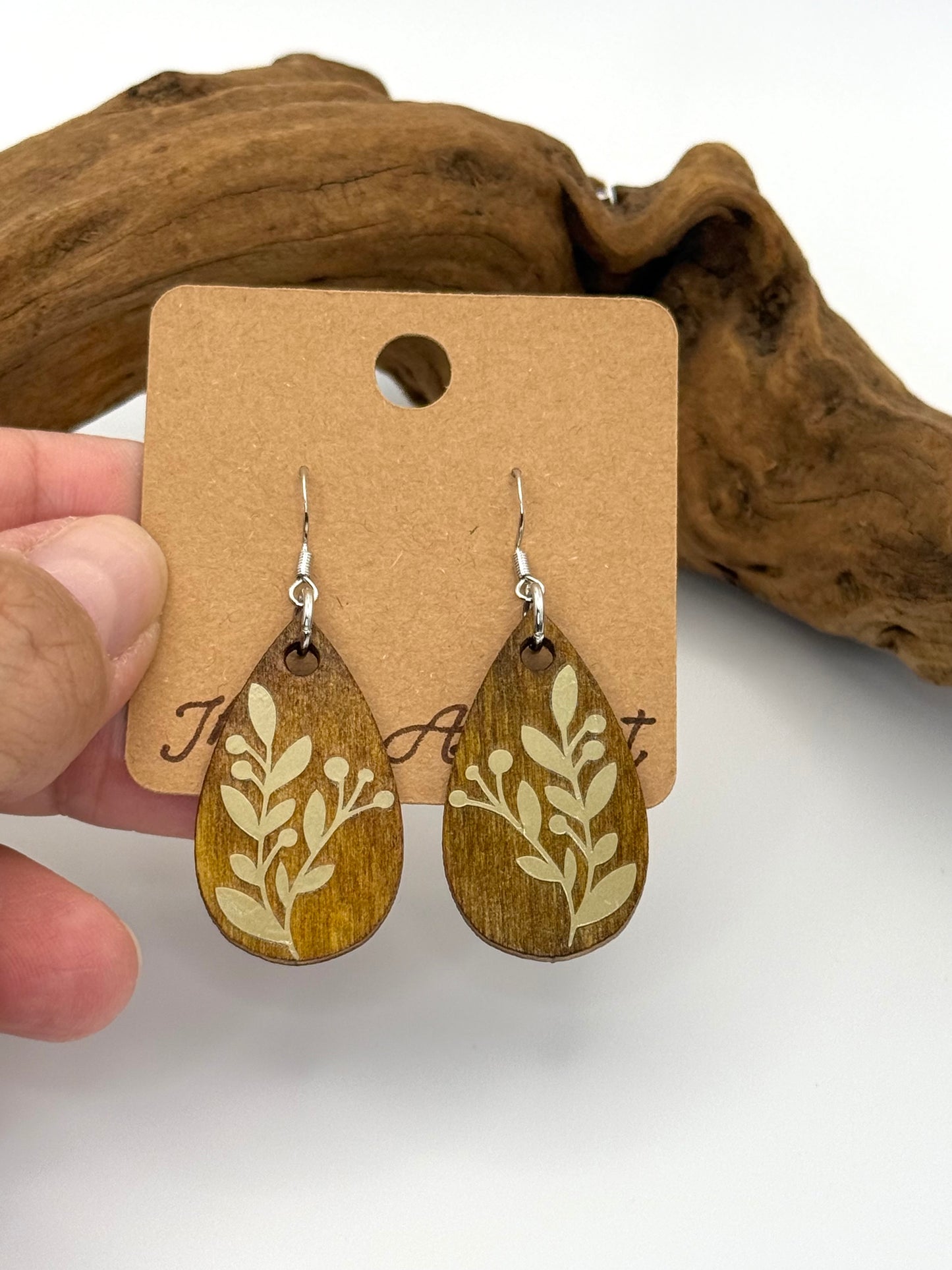 Ochre Walnut Botanical Wood Earrings | Golden Beige Leaf Dangles