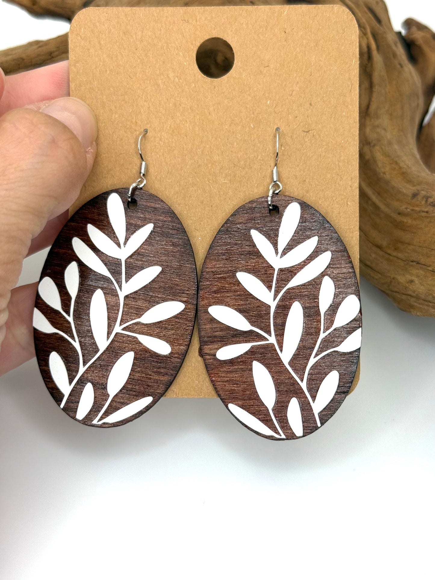 Dark Wood Botanical Earrings | White Leaf Statement Dangles