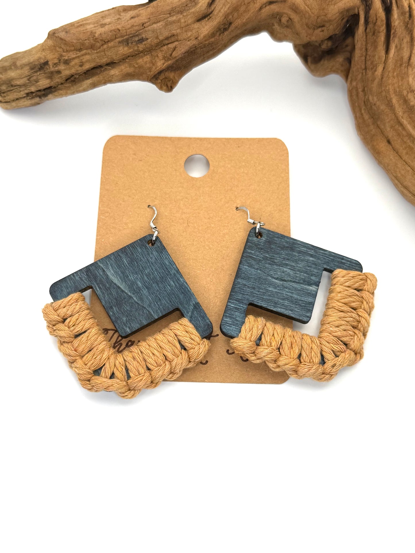 Blue Gray Wood & Macramé Earrings | Beige Geometric Dangles