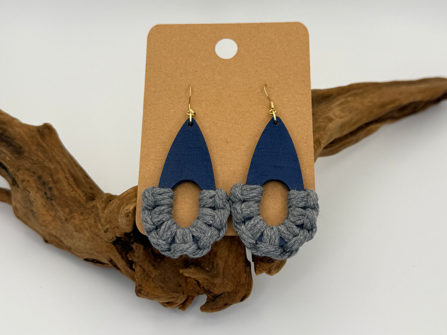 Modern Macramé Wood Earrings | Slate Blue & Gray