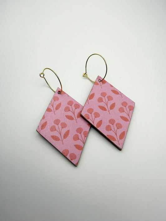 Wood and paper decoupage hoop drop earrings