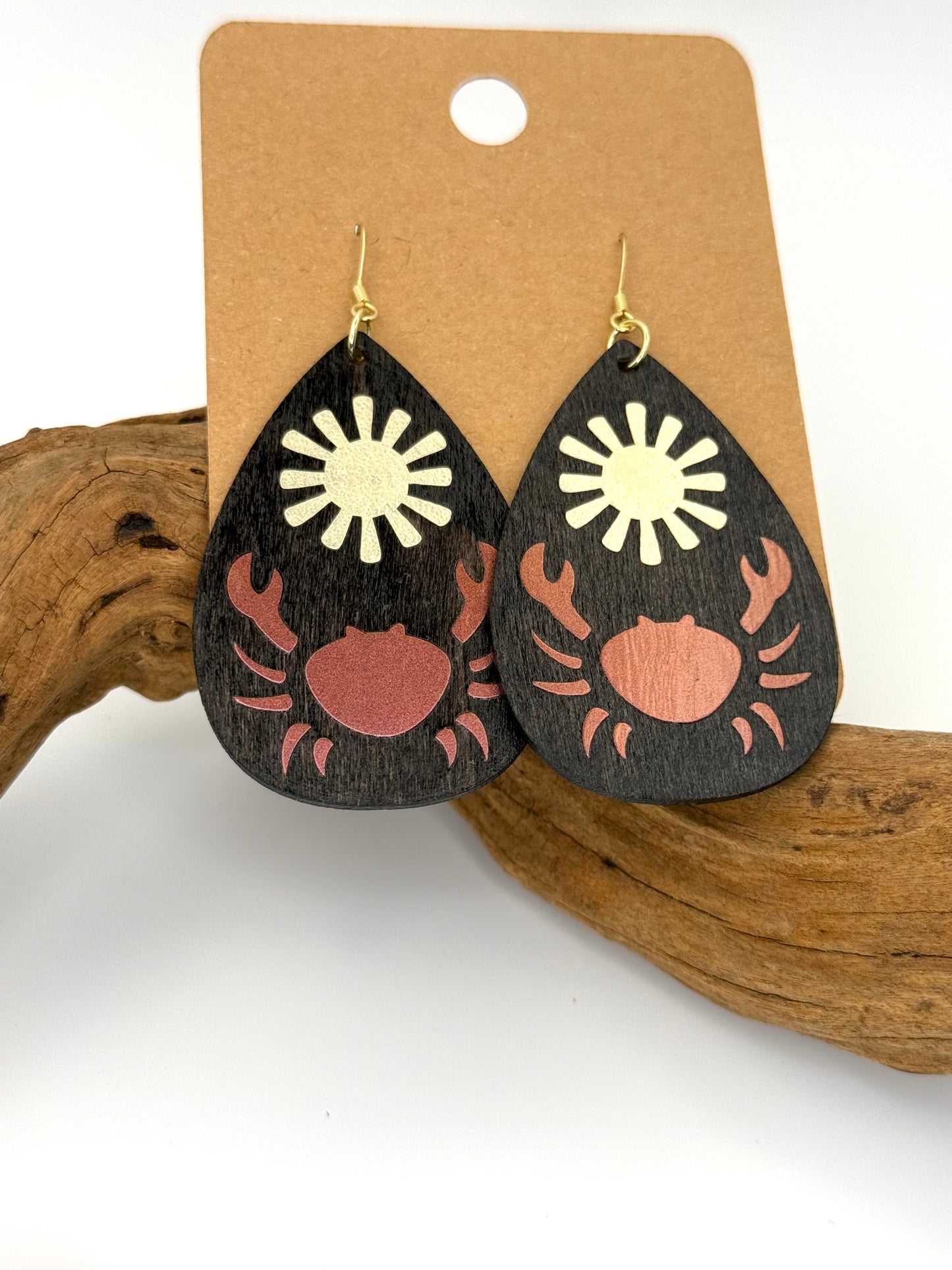 Coastal Crab Wood Earrings | Pink & Gold Botanical Dangles