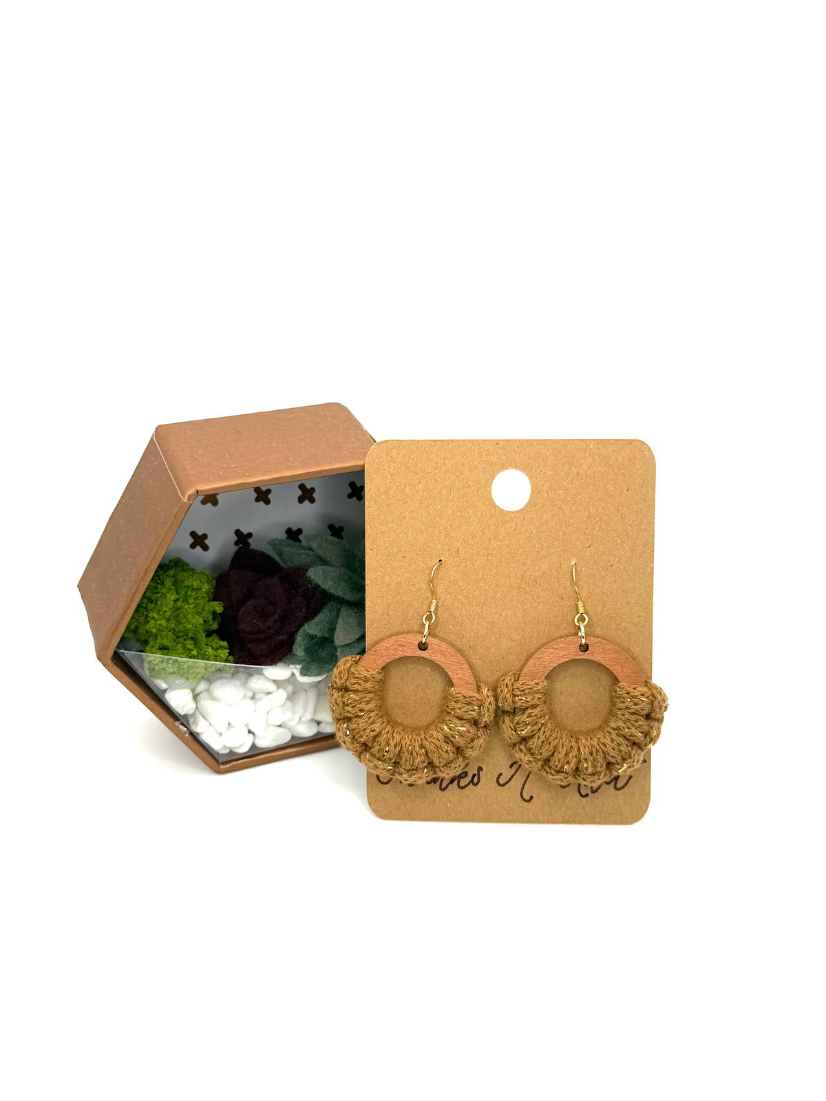 Hand-Painted Wood & Macrame Earrings | Golden Brown