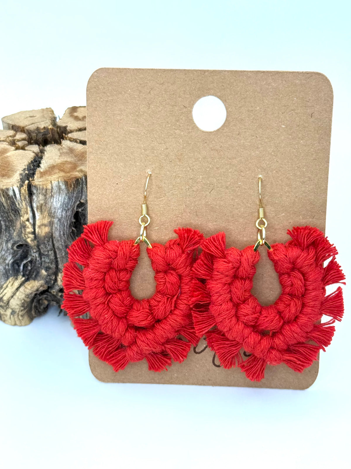 Red Macramé Teardrop Earrings | Gold Statement Dangles