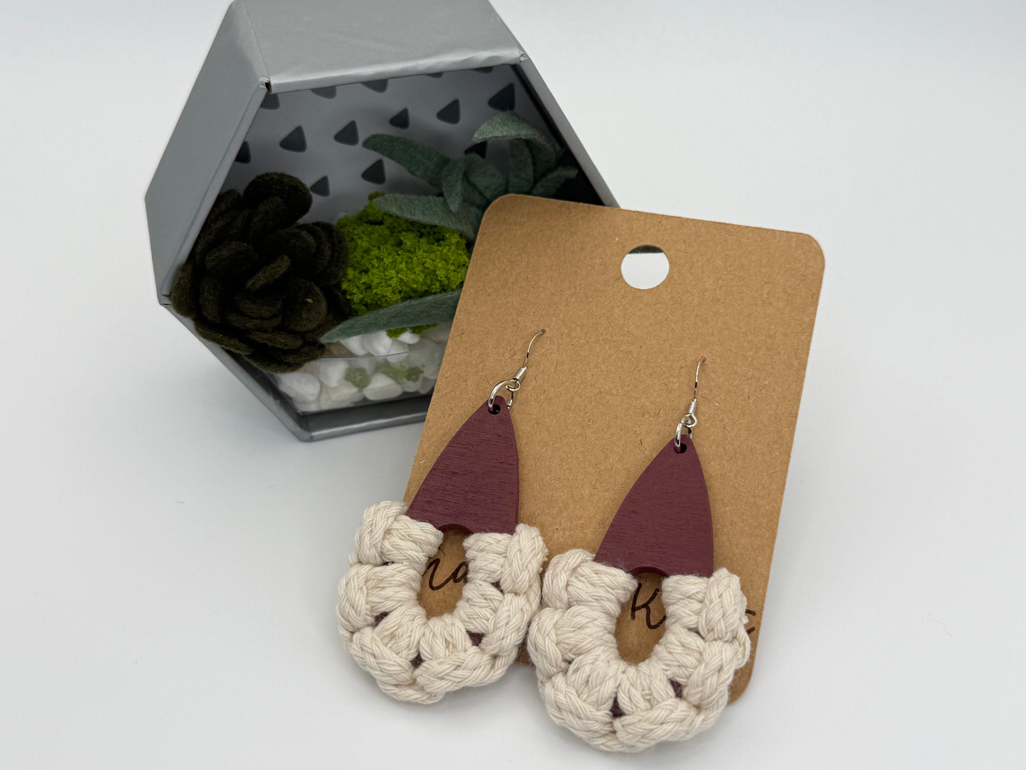 Burgundy Teardrop Macramé Earrings | Handmade Wood & Fiber Statement Earrings