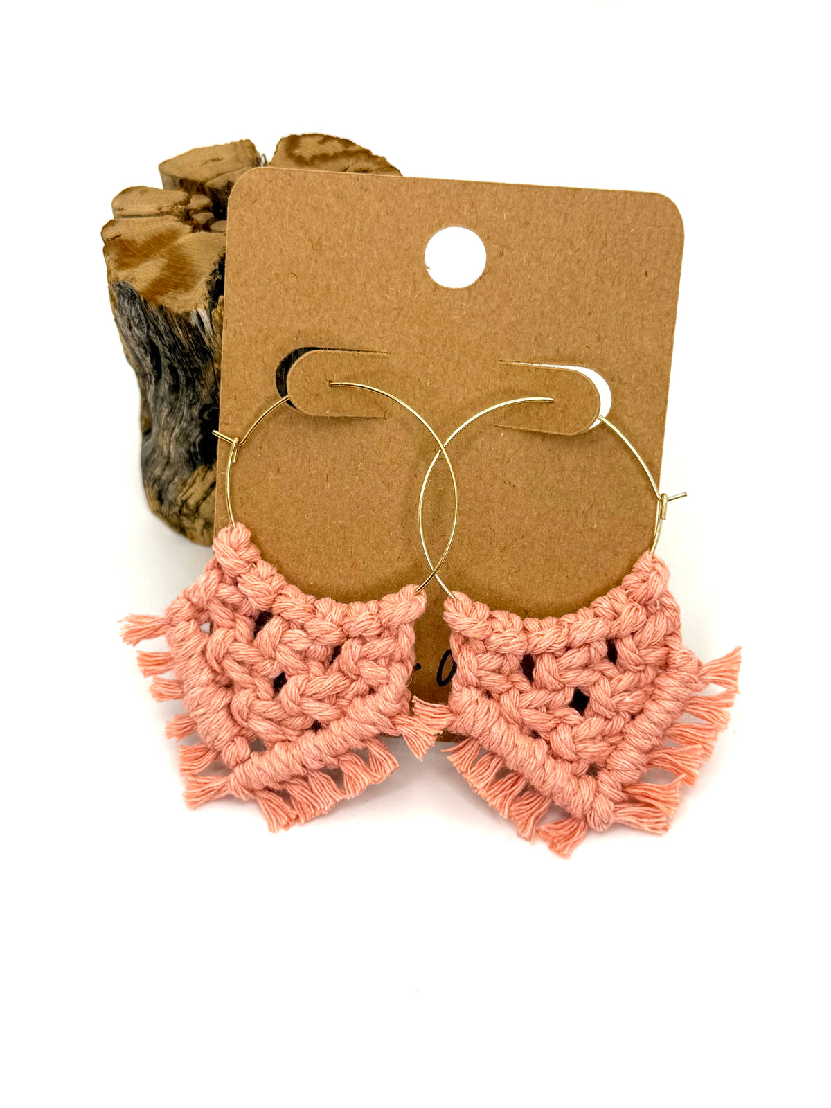 Heathered Coral Macramé Hoop Earrings | Gold Statement Hoops