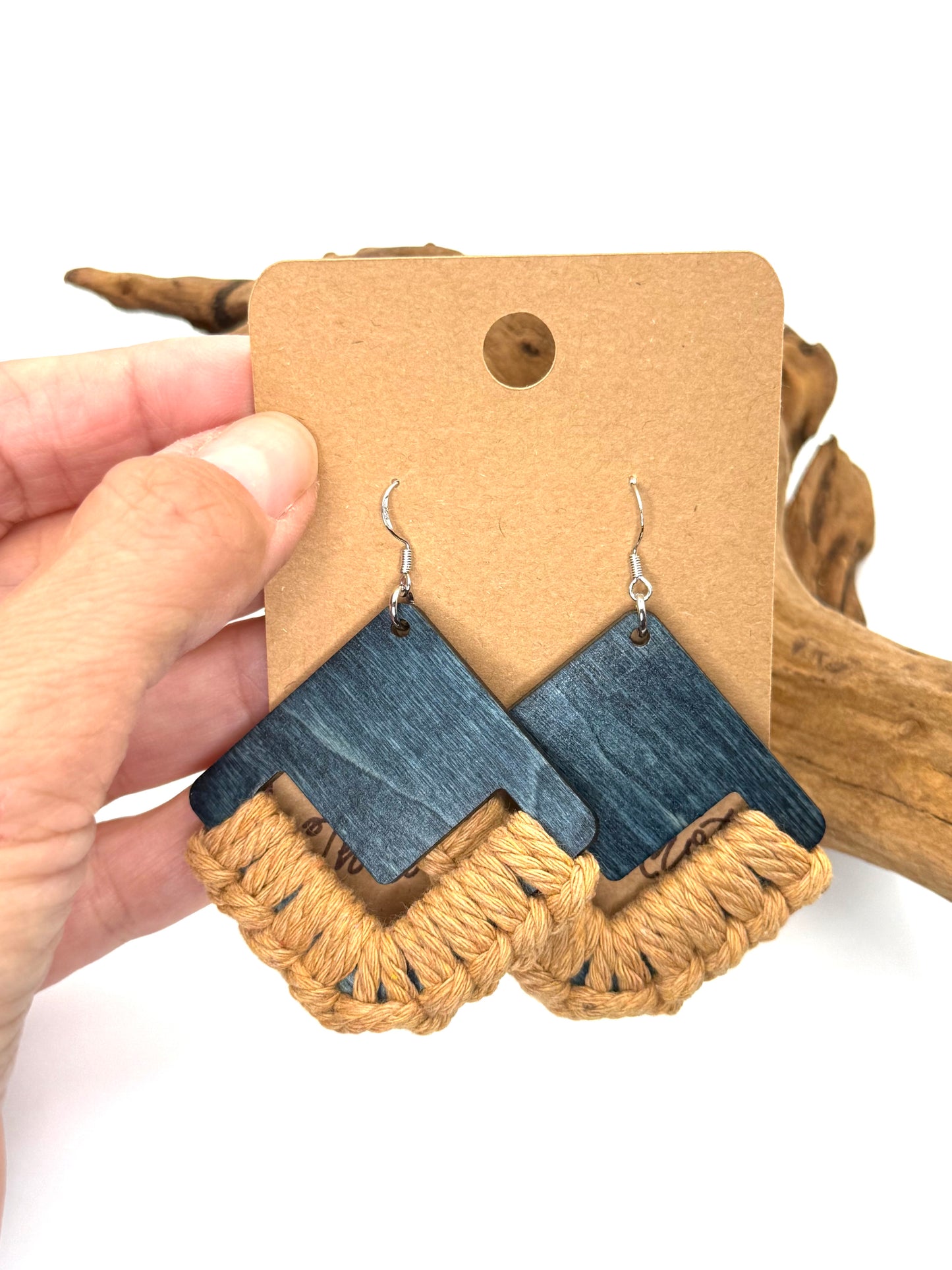 Blue Gray Wood & Macramé Earrings | Beige Geometric Dangles