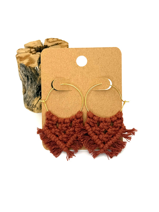 Rust Macramé Hoop Earrings | Hand-Knotted Statement Hoops