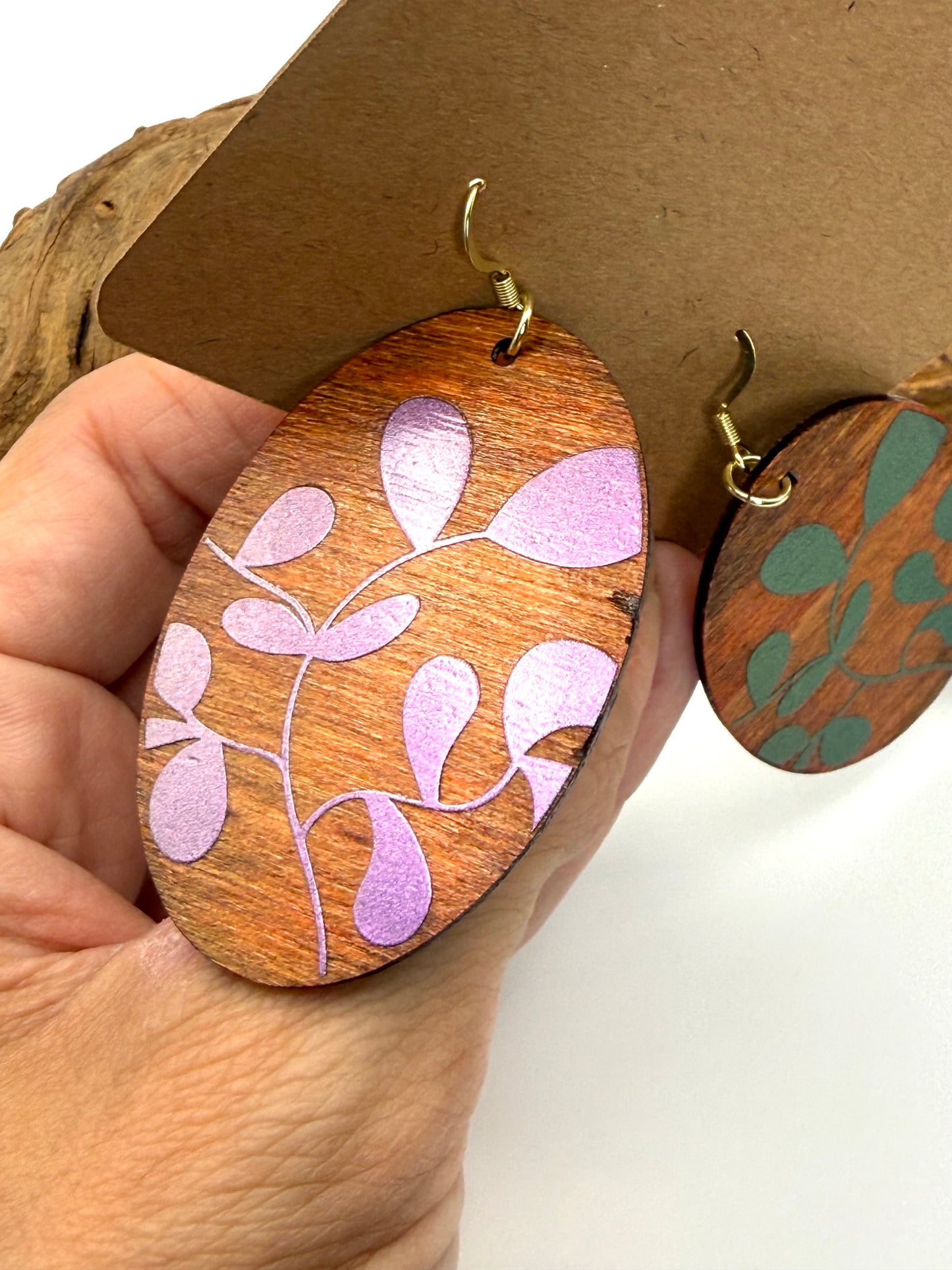 Almost Perfect – Color-Shifting Holographic Botanical Wood Earrings