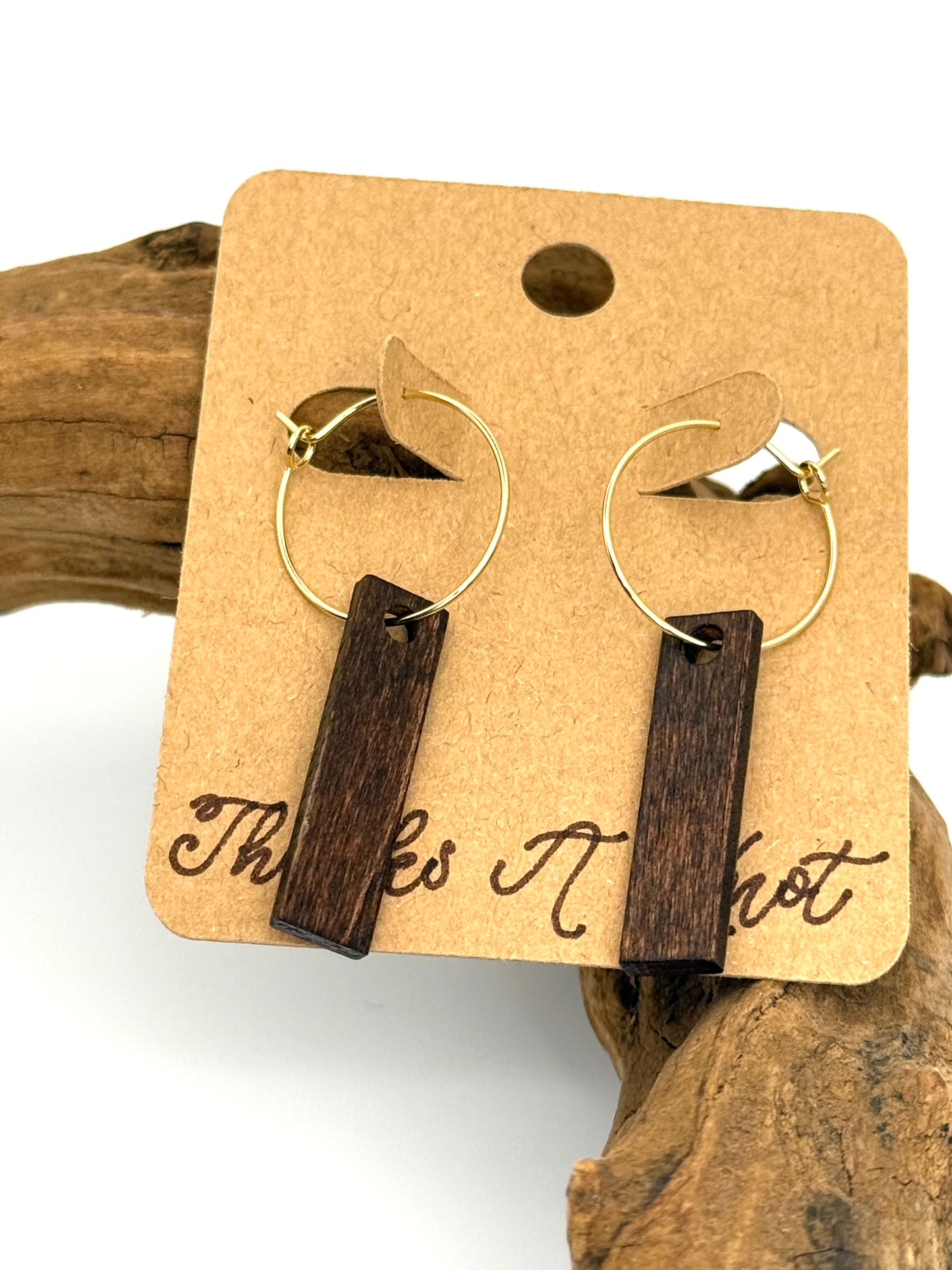 Dark Walnut Wood Hoop Earrings | Minimalist Bar Dangles