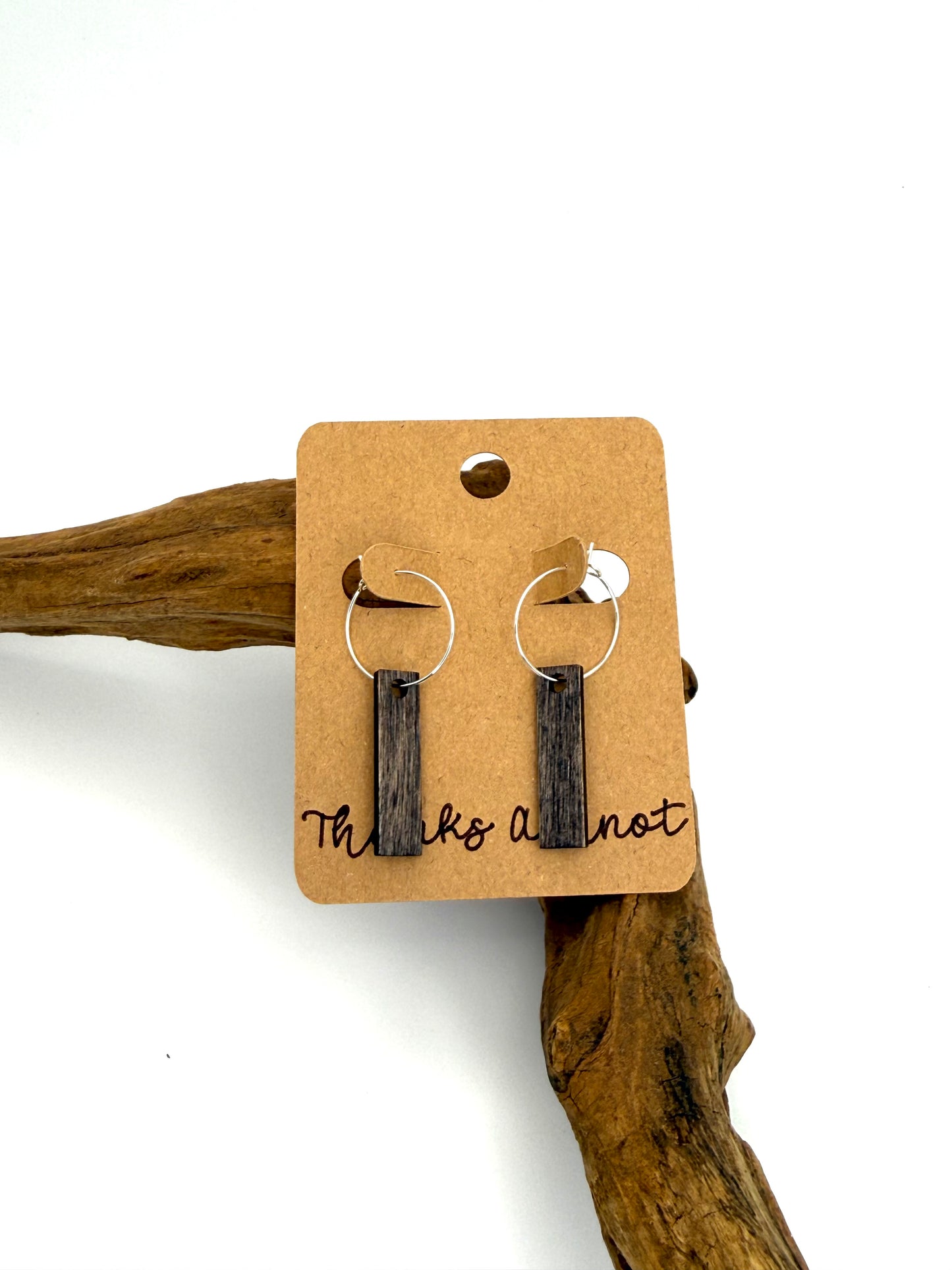 Driftwood Gray Wood Hoop Earrings | Minimalist Silver Bar Dangles