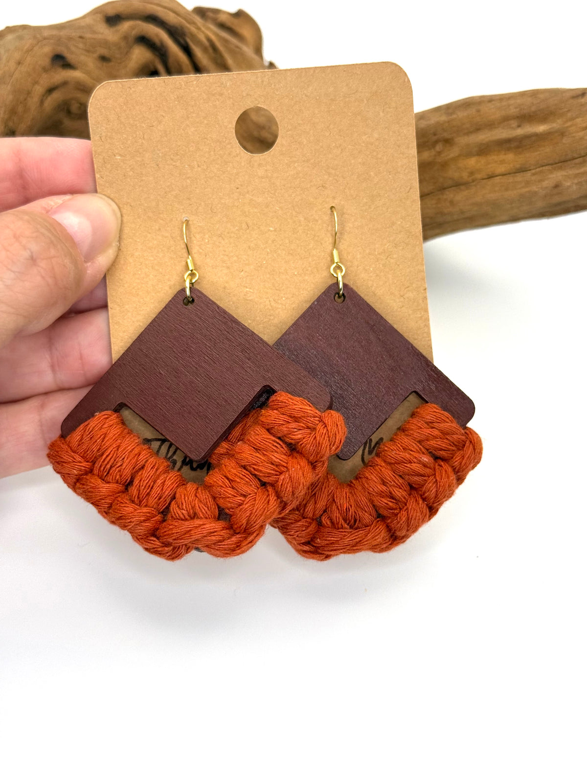 Rust Macrame & Hand-Painted Wood Earrings | Gold Stainless Steel