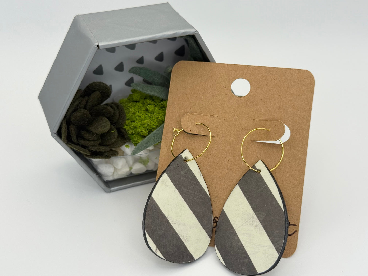 Modern Black and White Stripe Earrings | Geometric Wood Hoop Statement Earrings