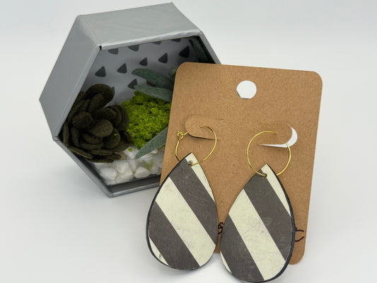 Modern Black and White Stripe Earrings | Geometric Wood Hoop Statement Earrings