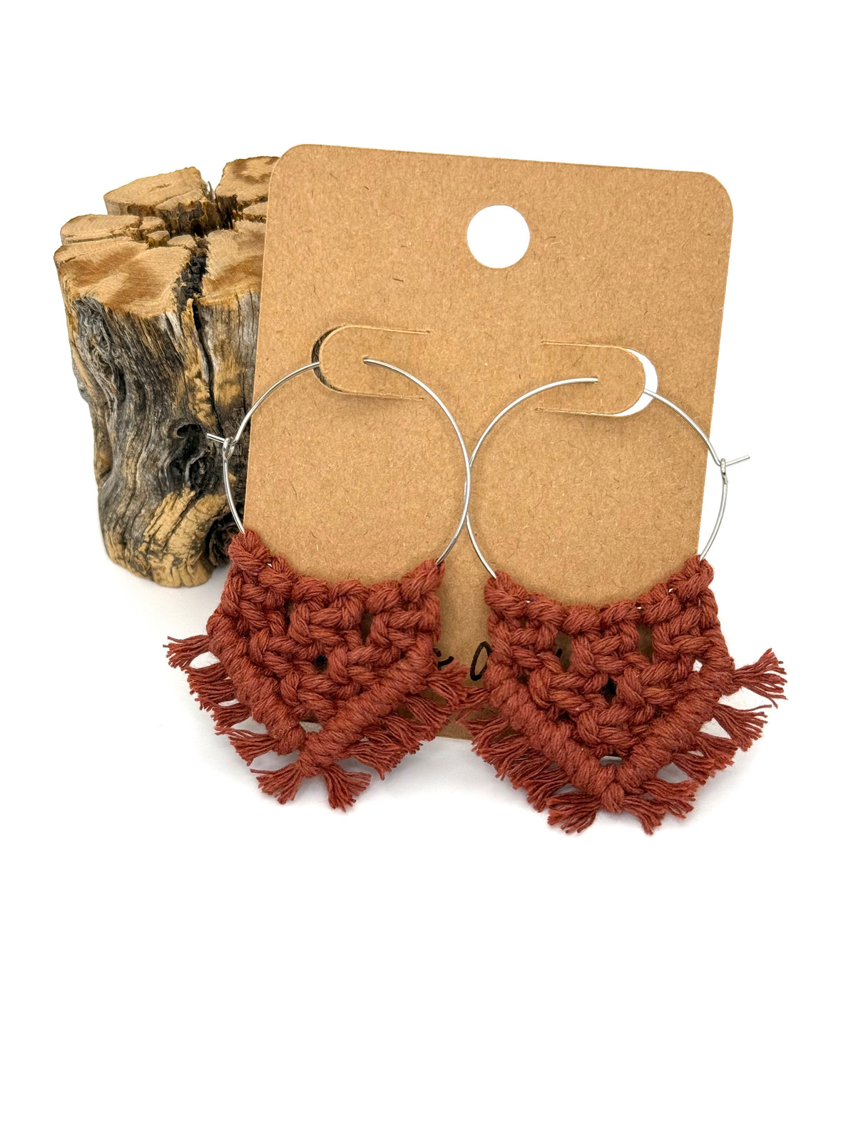 Rust Macramé Hoop Earrings | Silver Stainless Steel Statement Hoops