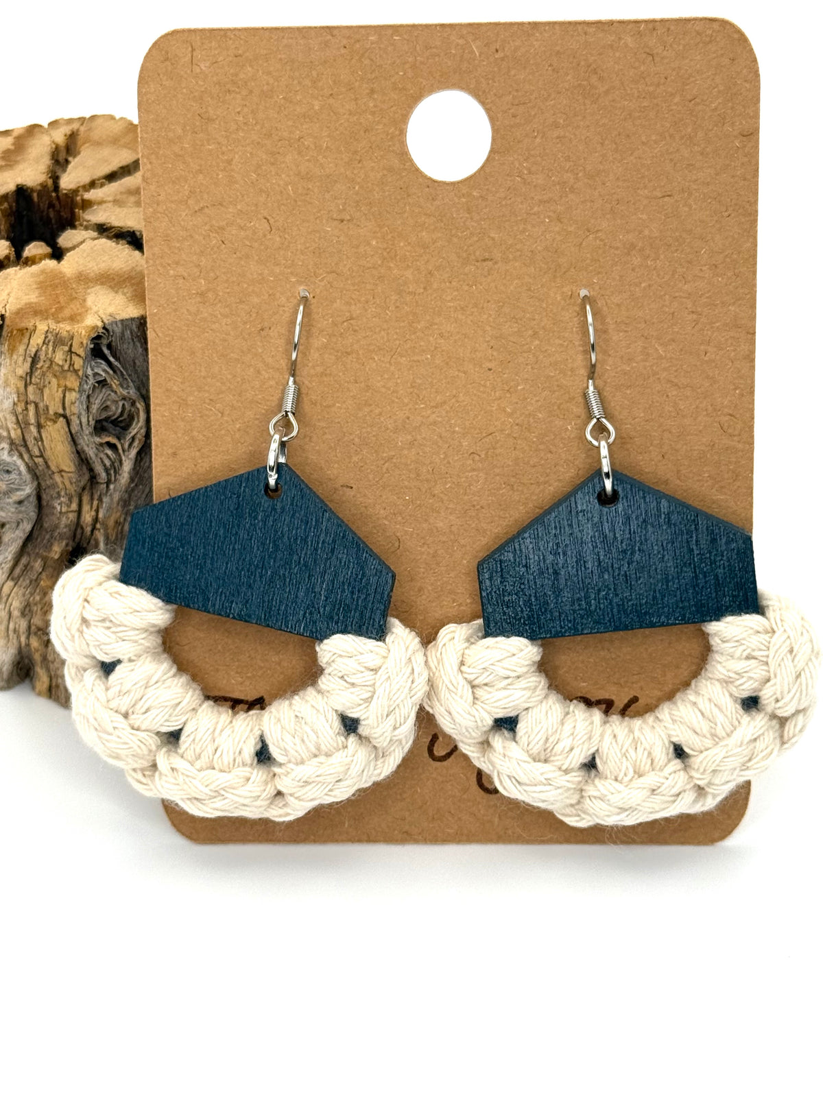 Deep Blue Wood & Macrame Earrings | Cream Cotton