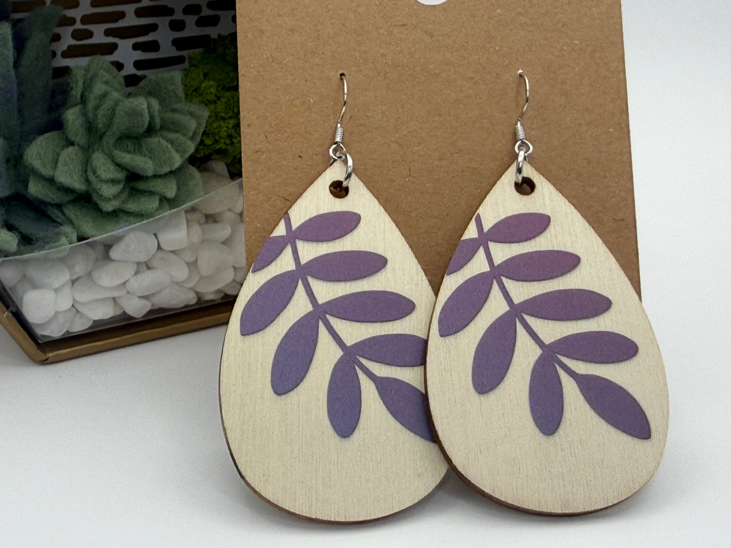Deep Blue Botanical Wood Earrings | Holographic Vinyl Statement Earrings