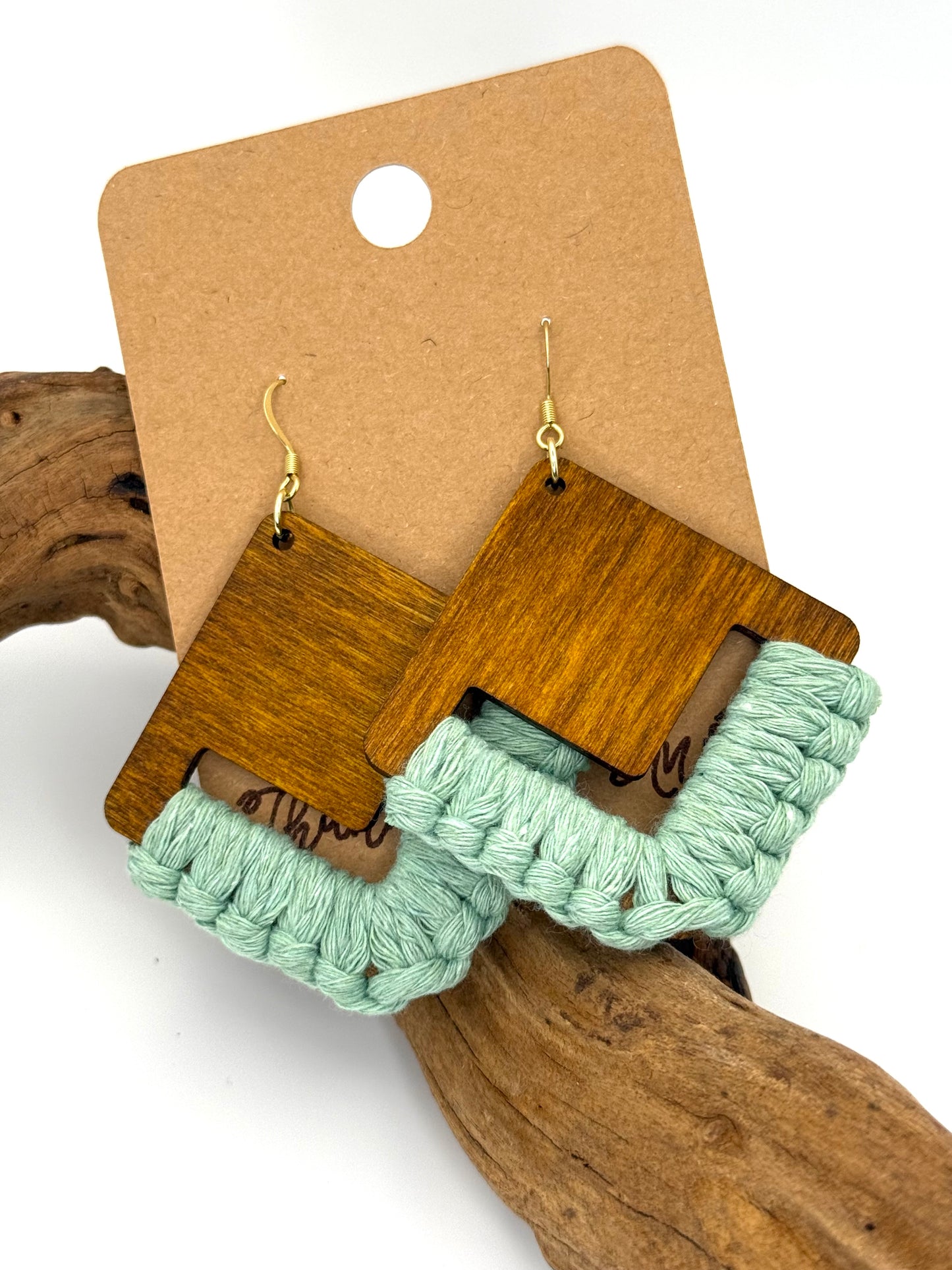 Turquoise Macramé Wood Earrings | Hand Knotted Geometric Dangles