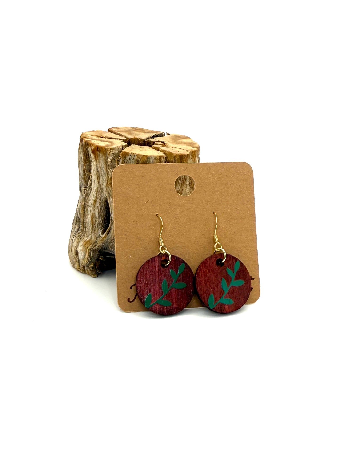 Wine Botanical Wood Earrings | Green Leaf Dangles