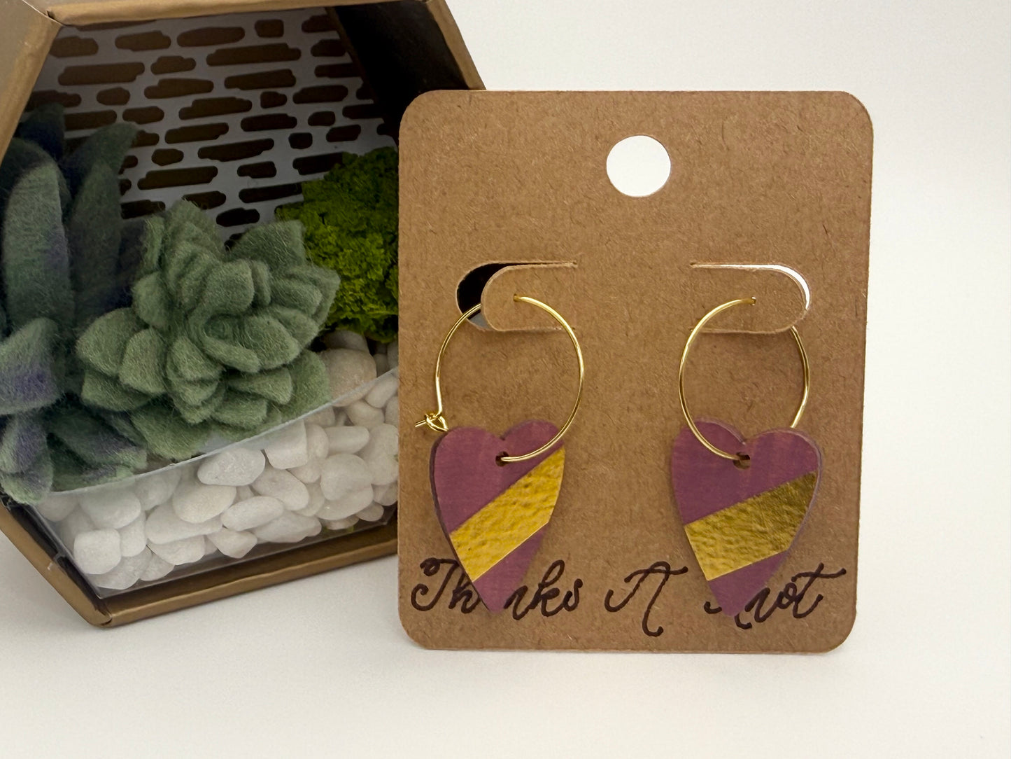 Dusty Rose Heart Hoop Earrings | Hand-Painted Wood Heart Earrings