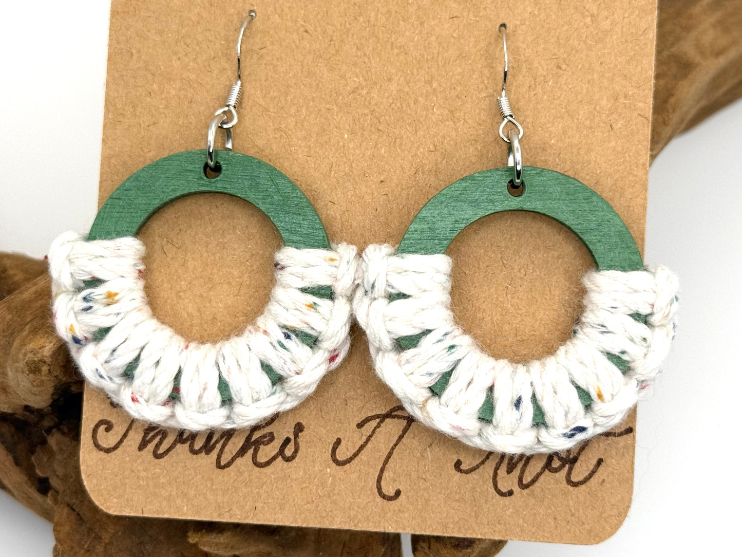Modern Green Macramé Wood Earrings | Hand Knotted Boho Dangles