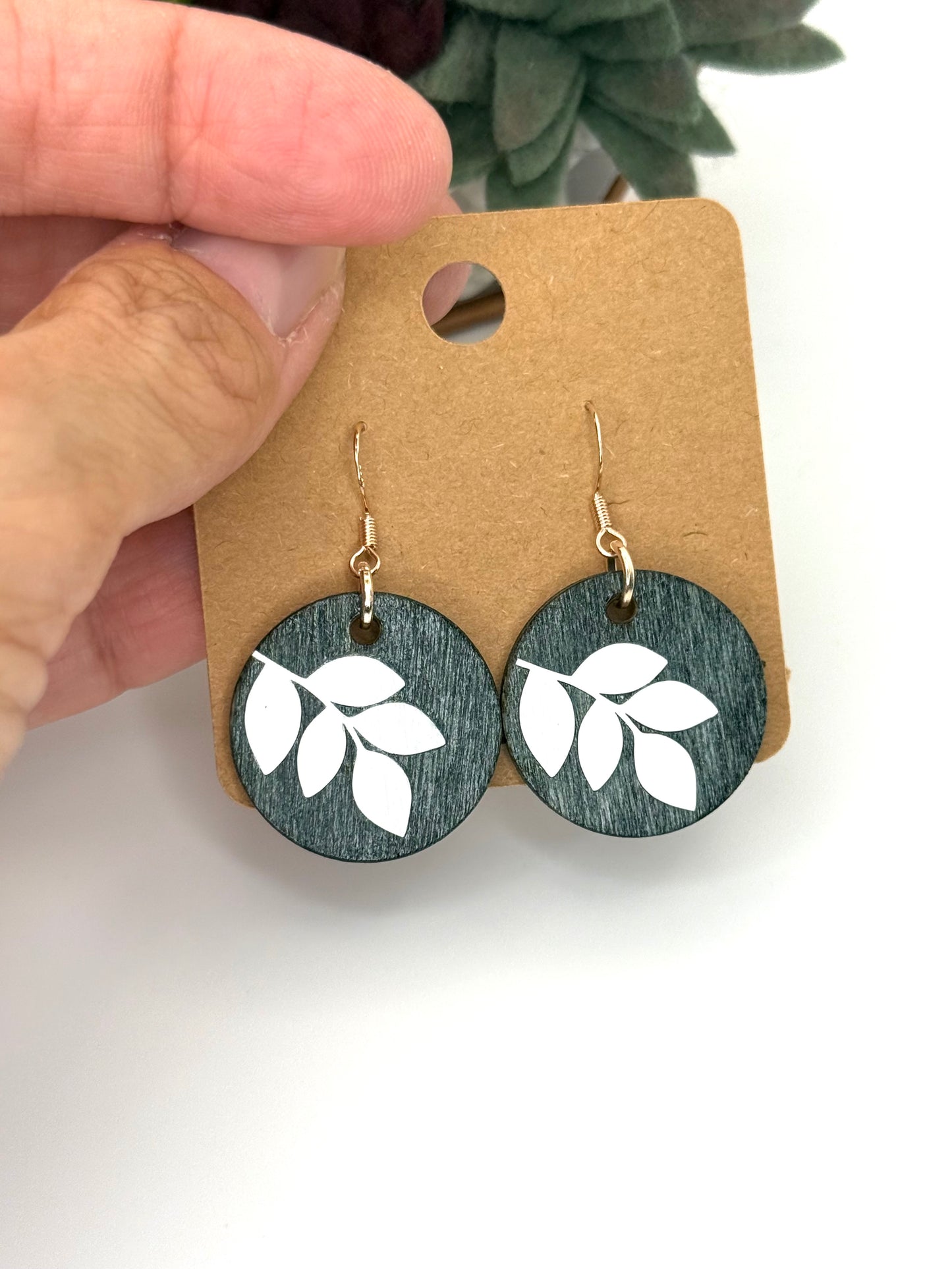 Blue Gray Botanical Wood Earrings | White Leaf Dangles