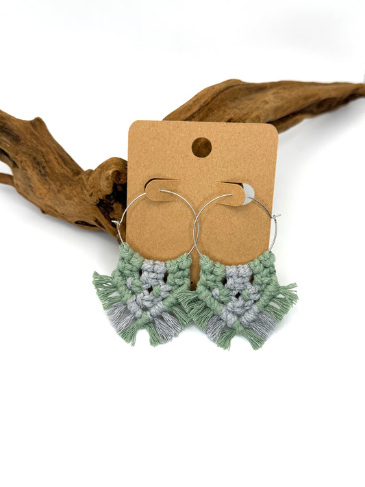 Sage & Lavender Gray Macrame Fringe Hoops | Stainless Steel