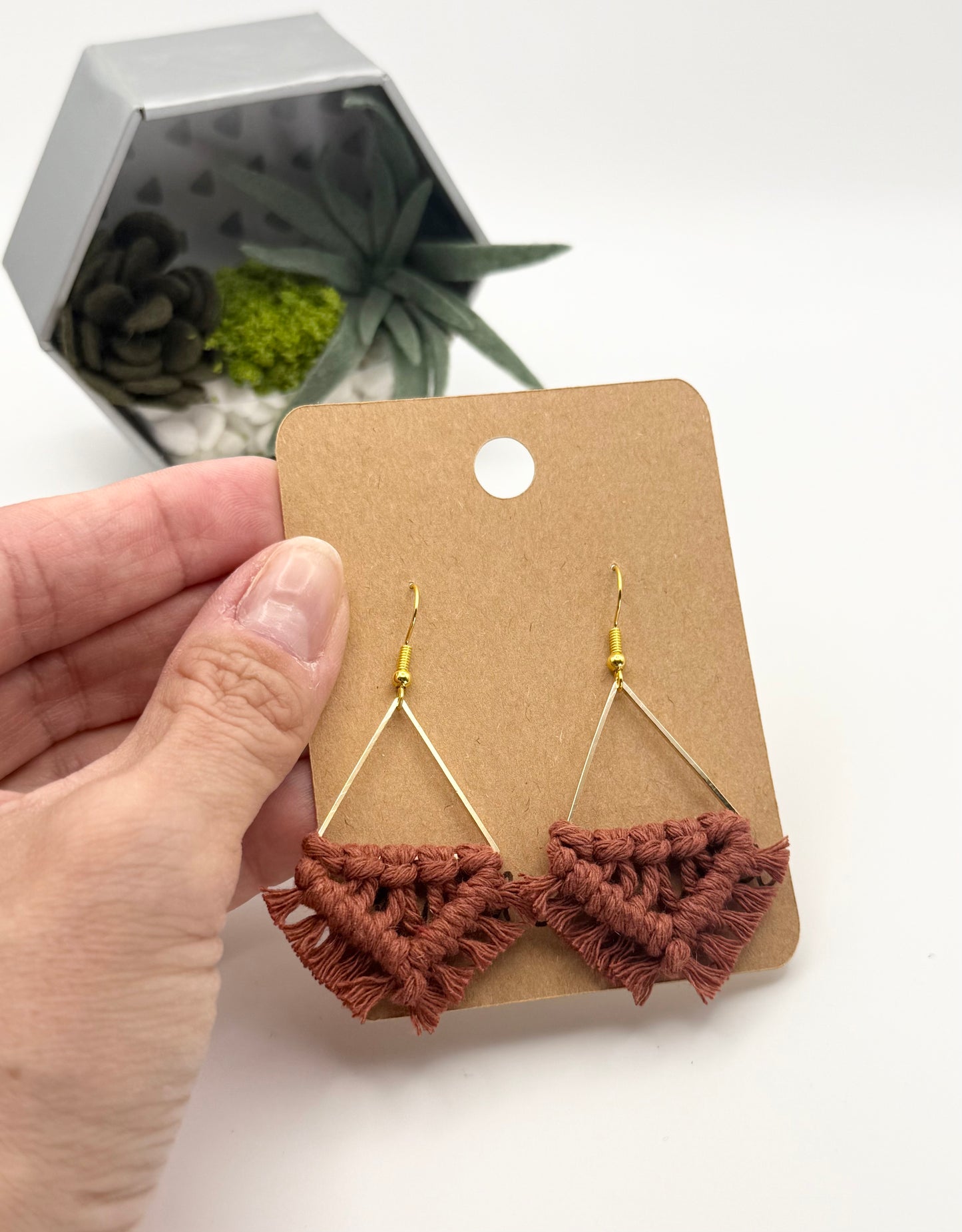 Rust Triangle Macramé Earrings | Handmade Geometric Fringe Earrings
